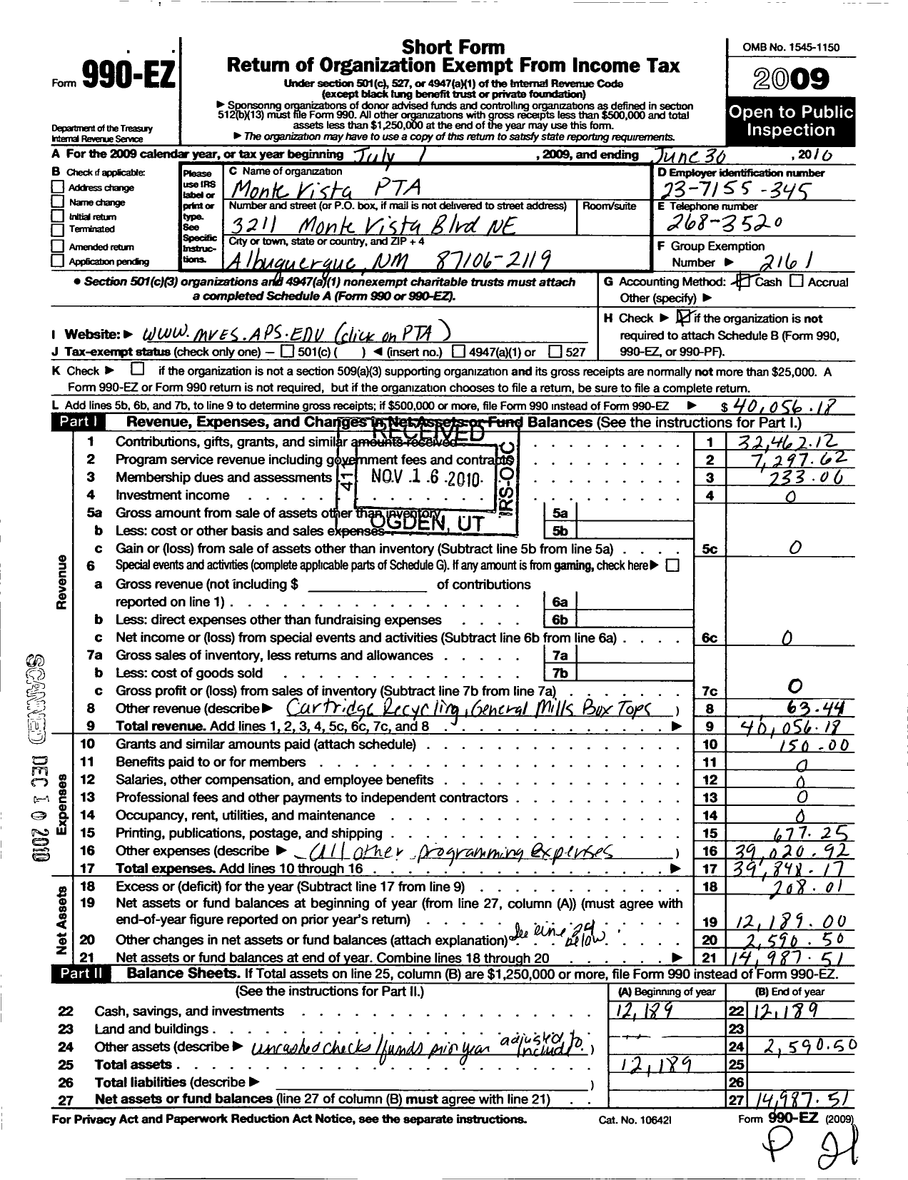 Image of first page of 2009 Form 990EO for PTA New Mexico Congress / Monte Vista Elementary School PTA