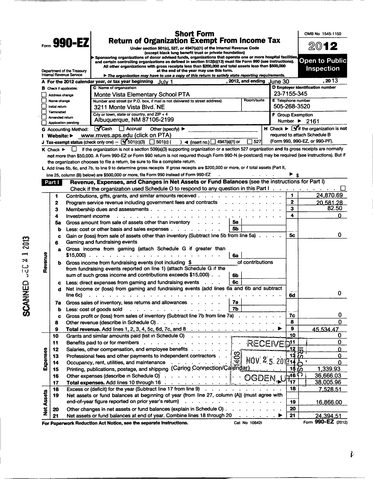 Image of first page of 2012 Form 990EZ for PTA New Mexico Congress / Monte Vista Elementary School PTA