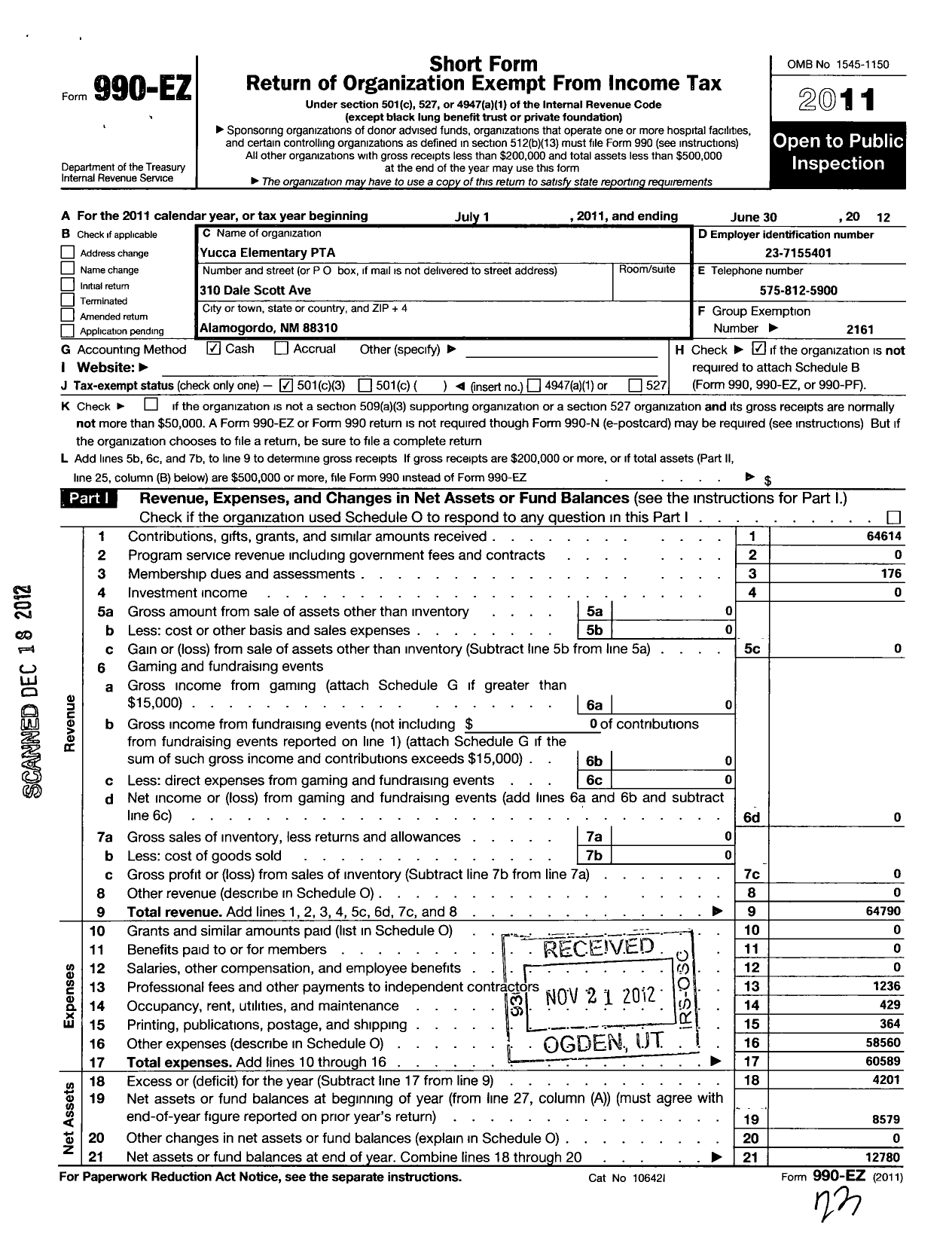 Image of first page of 2011 Form 990EZ for PTA New Mexico Congress / Yucca Elem PTA