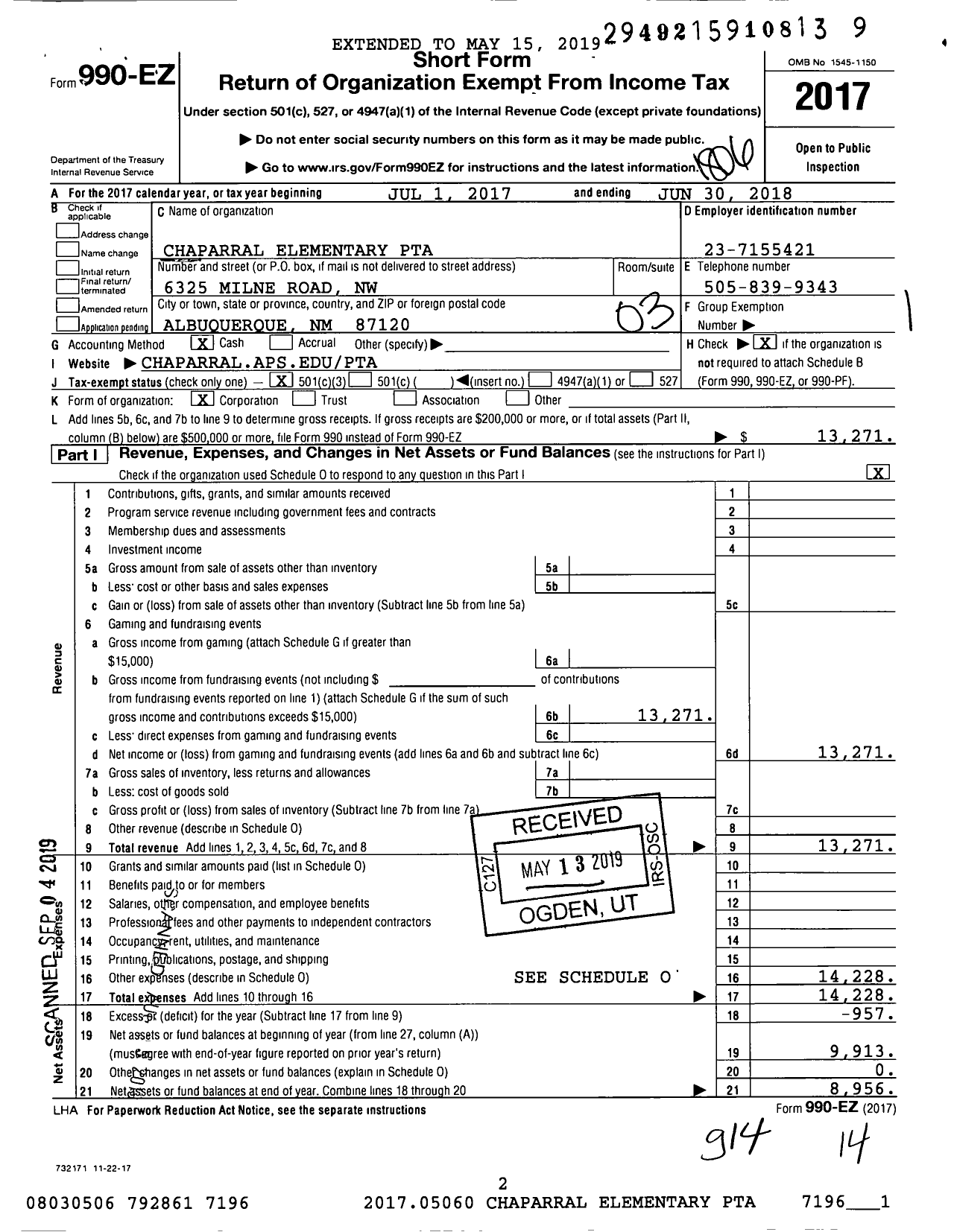 Image of first page of 2017 Form 990EZ for PTA New Mexico Congress / Chaparral PTA