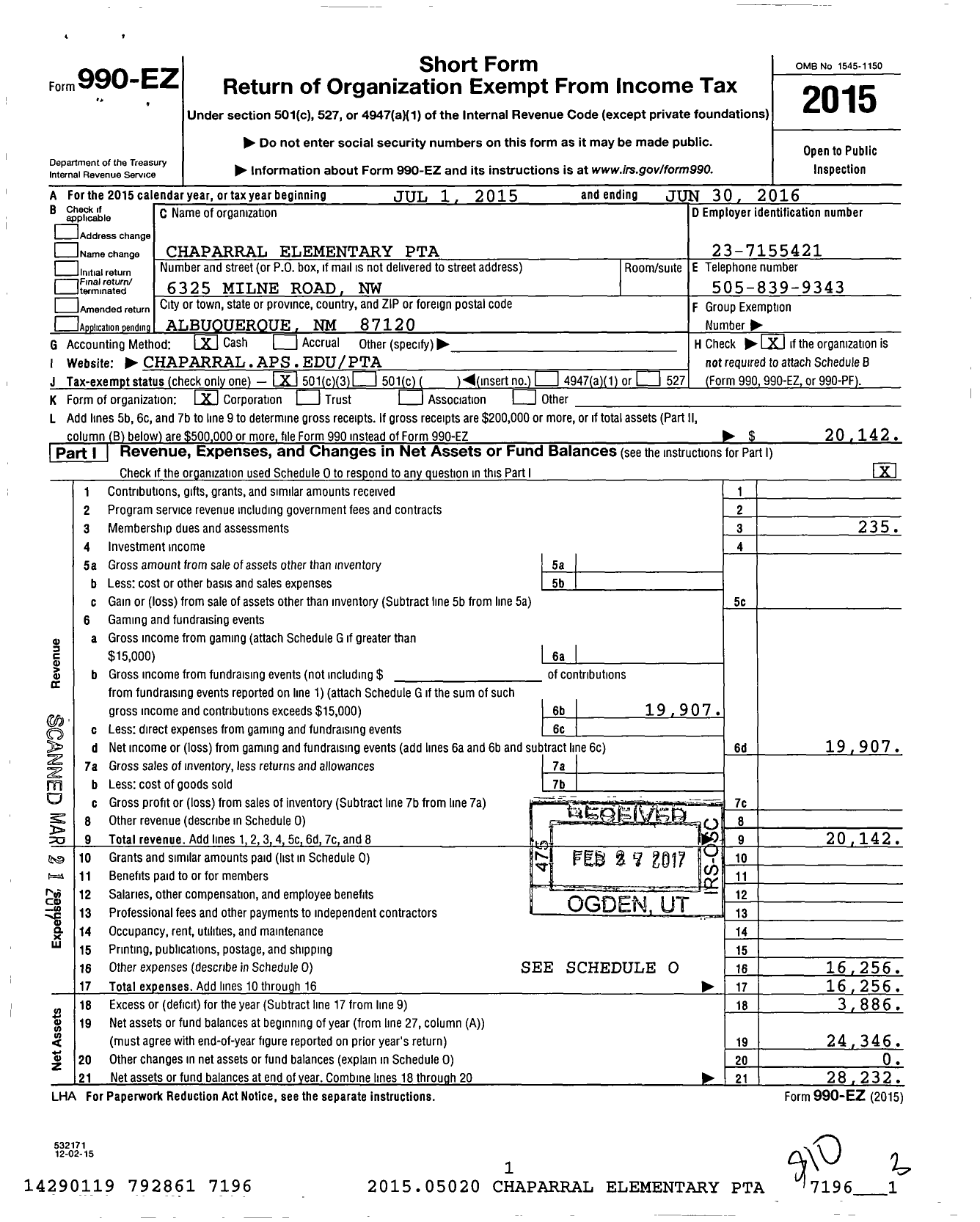 Image of first page of 2015 Form 990EZ for PTA New Mexico Congress / Chaparral PTA