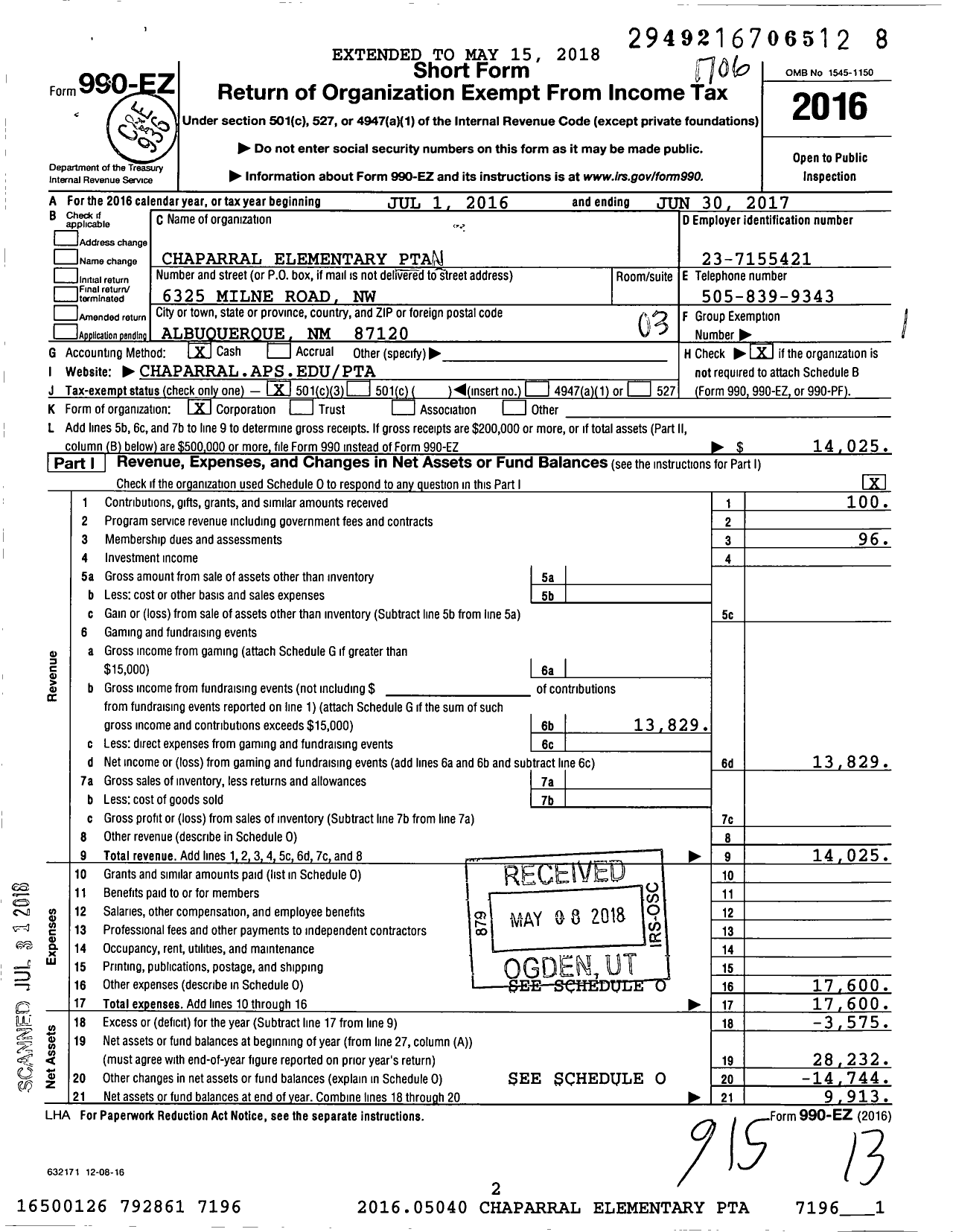 Image of first page of 2016 Form 990EZ for PTA New Mexico Congress / Chaparral PTA