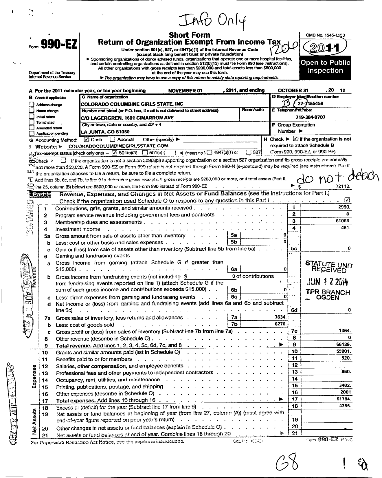 Image of first page of 2011 Form 990EZ for Colorado Columbine Girls State (CCGS)