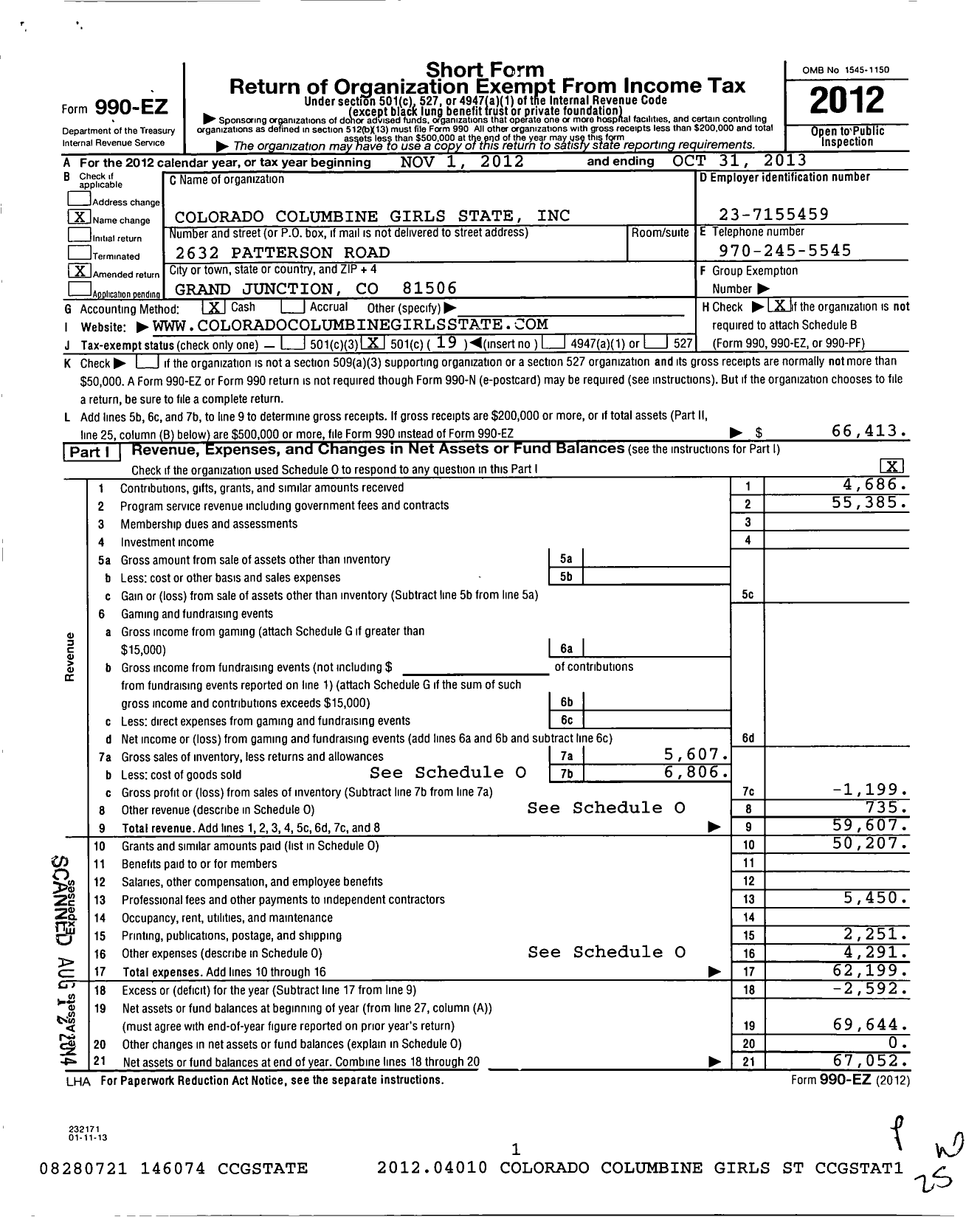 Image of first page of 2012 Form 990EO for Colorado Columbine Girls State (CCGS)