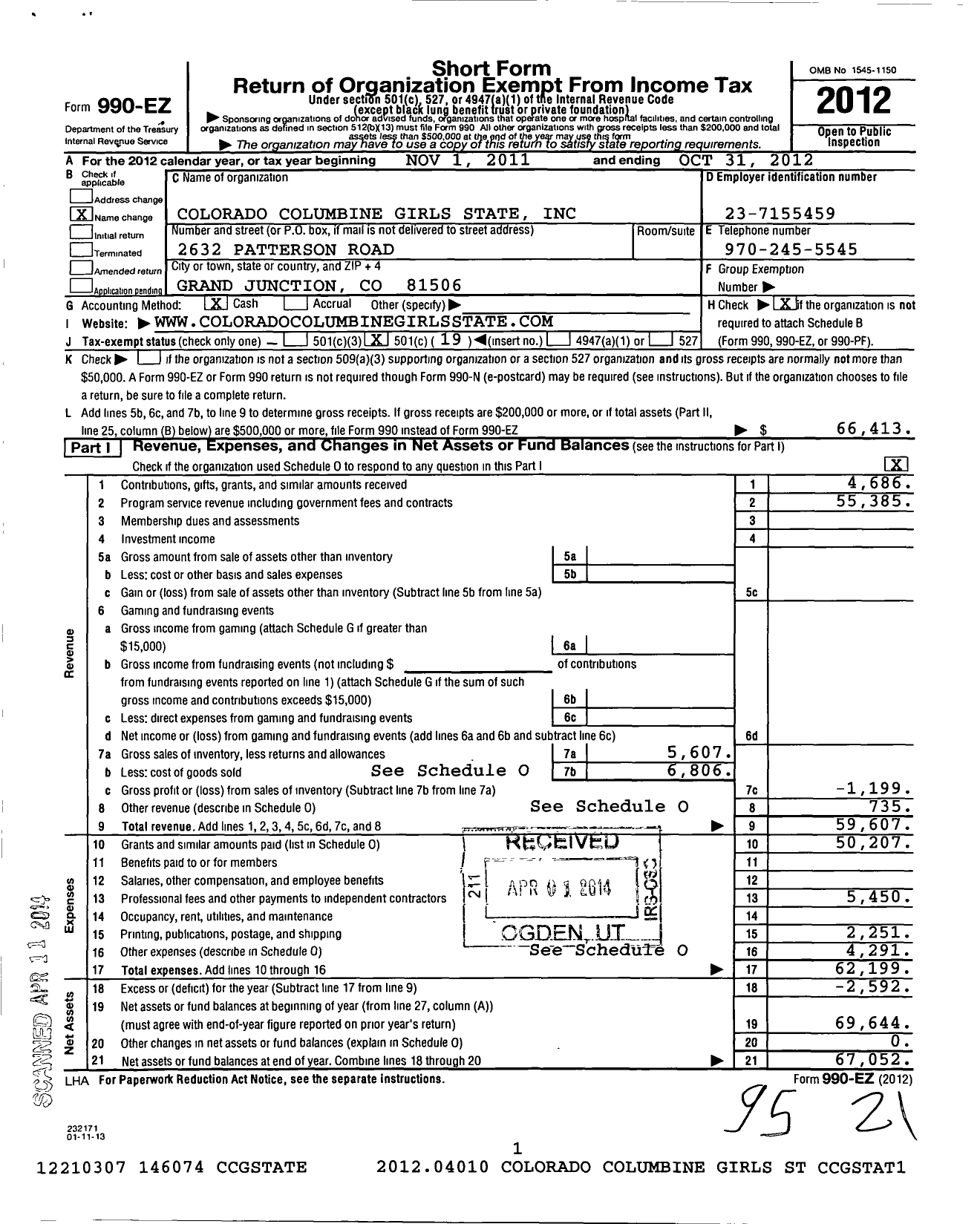 Image of first page of 2011 Form 990EO for Colorado Columbine Girls State (CCGS)