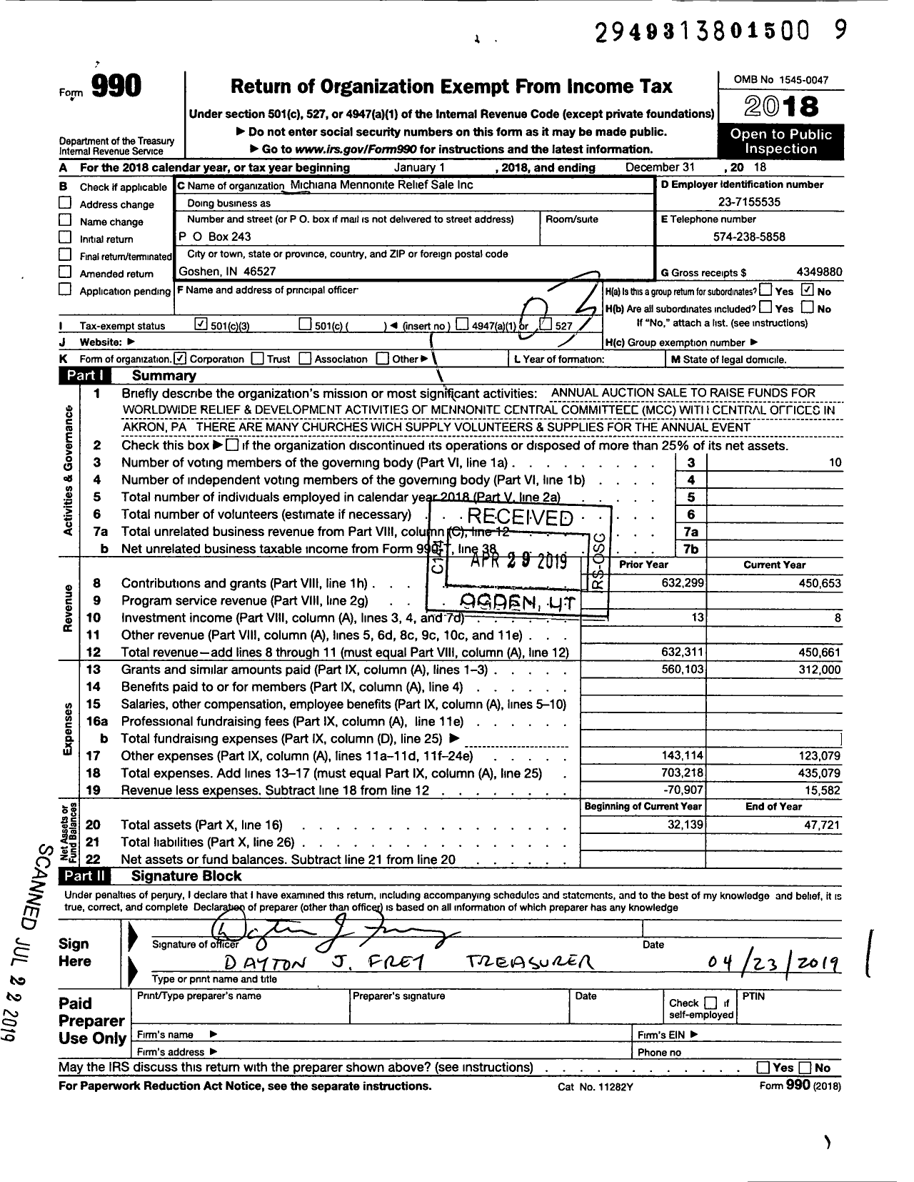 Image of first page of 2018 Form 990 for Michiana Mennonite Relief Sale Incorporated