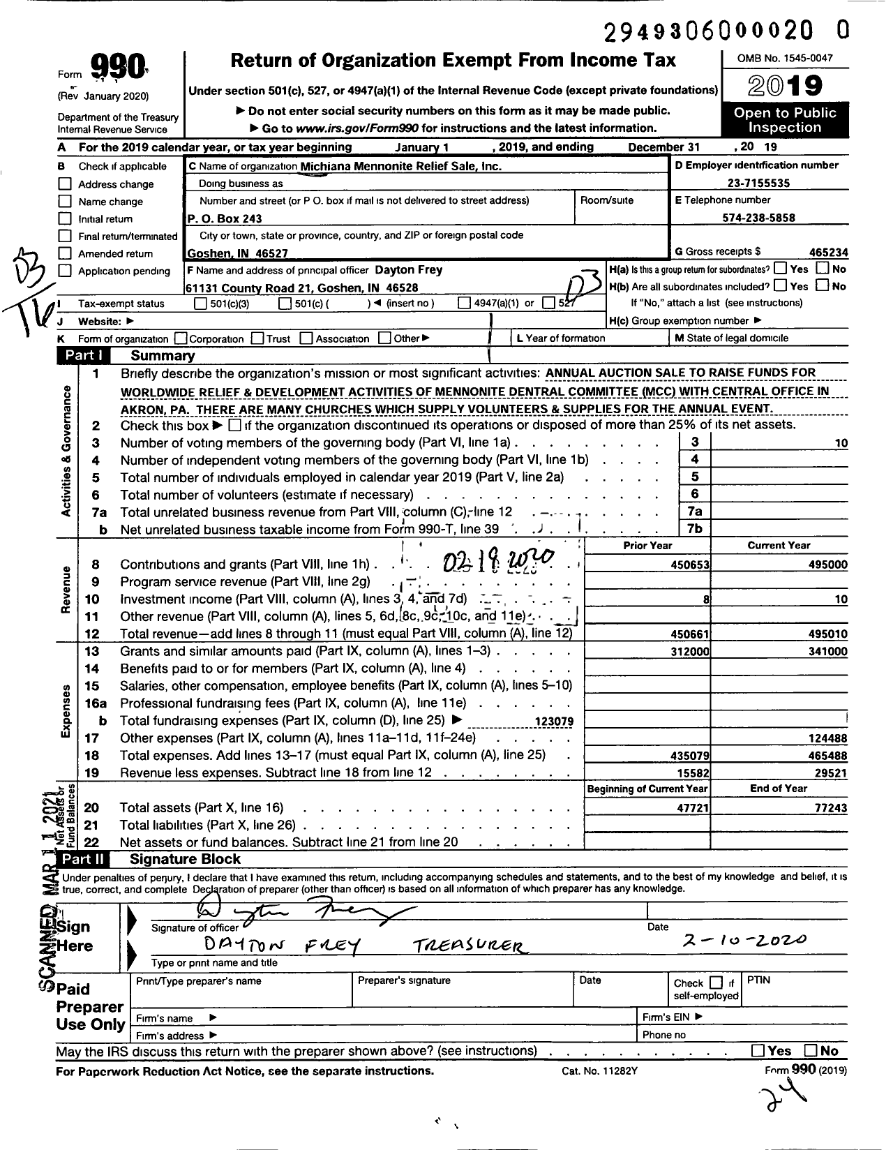 Image of first page of 2019 Form 990 for Michiana Mennonite Relief Sale Incorporated