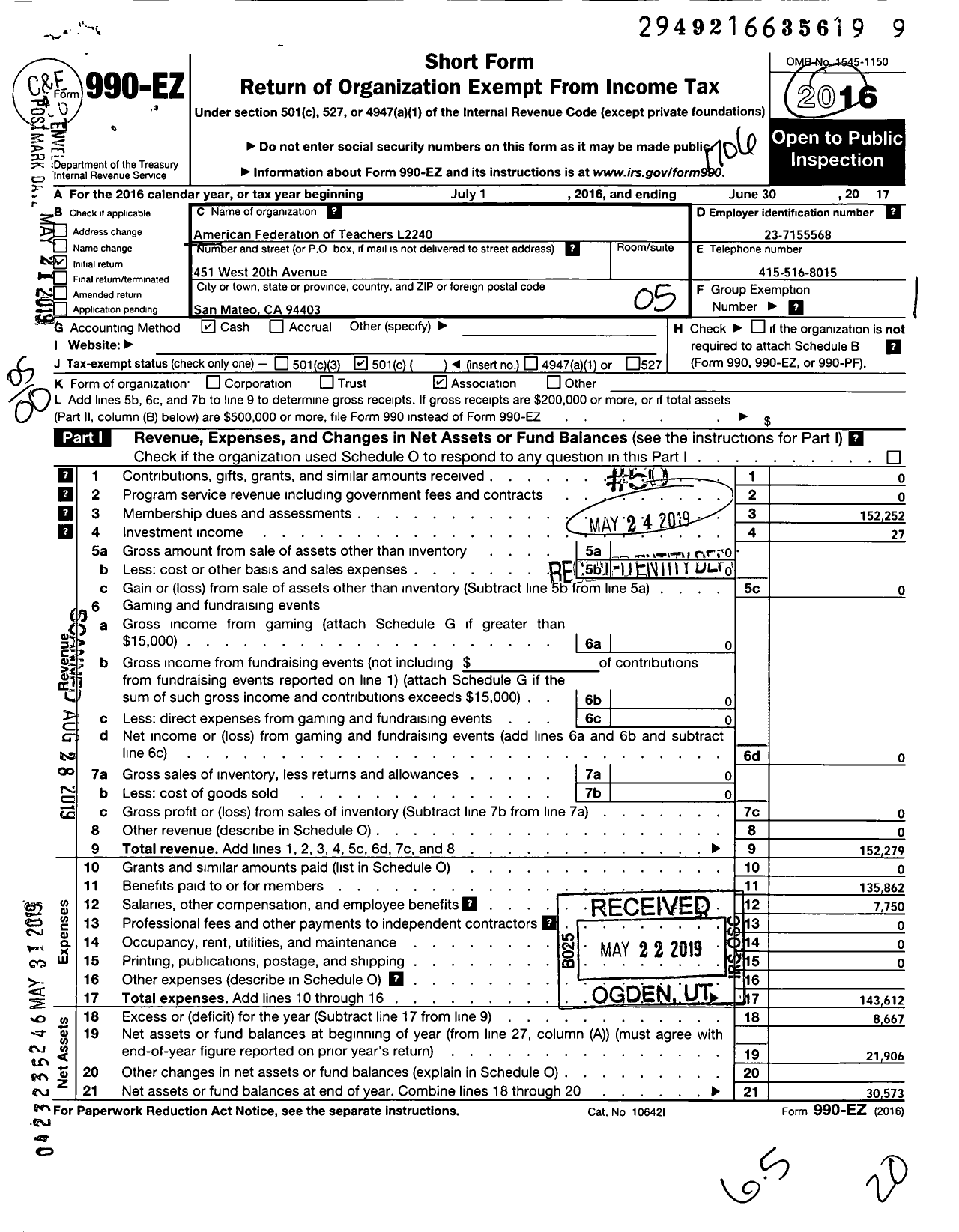 Image of first page of 2016 Form 990EO for American Federation of Teachers 2240 (2240 Aft)