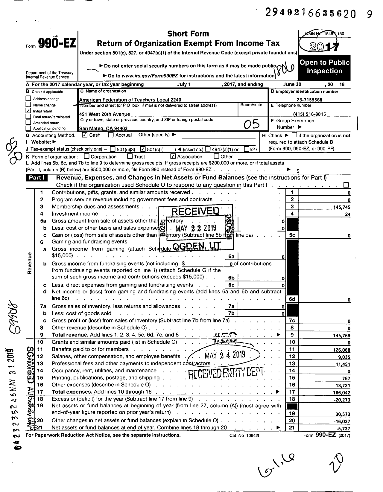 Image of first page of 2017 Form 990EO for American Federation of Teachers 2240 (2240 Aft)