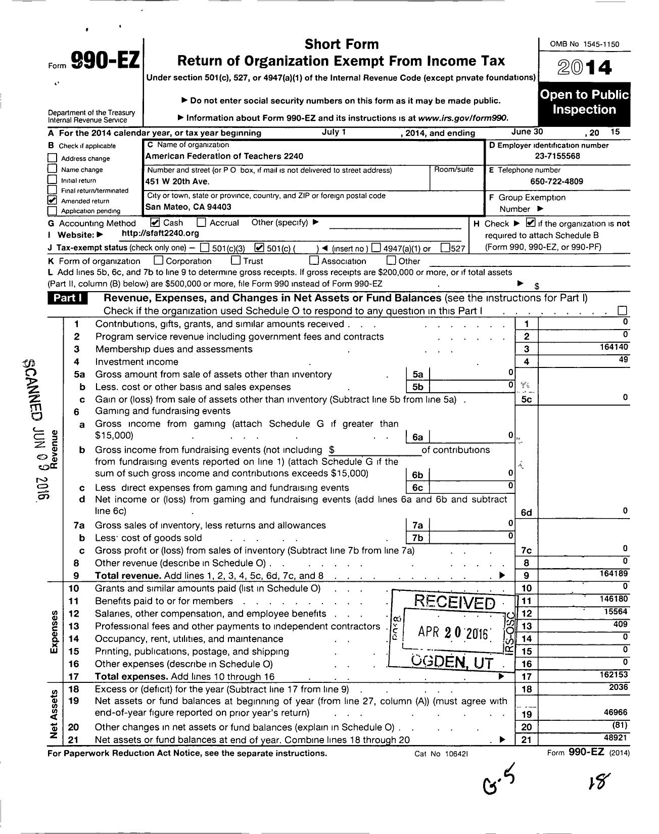 Image of first page of 2014 Form 990EO for American Federation of Teachers 2240 (2240 Aft)