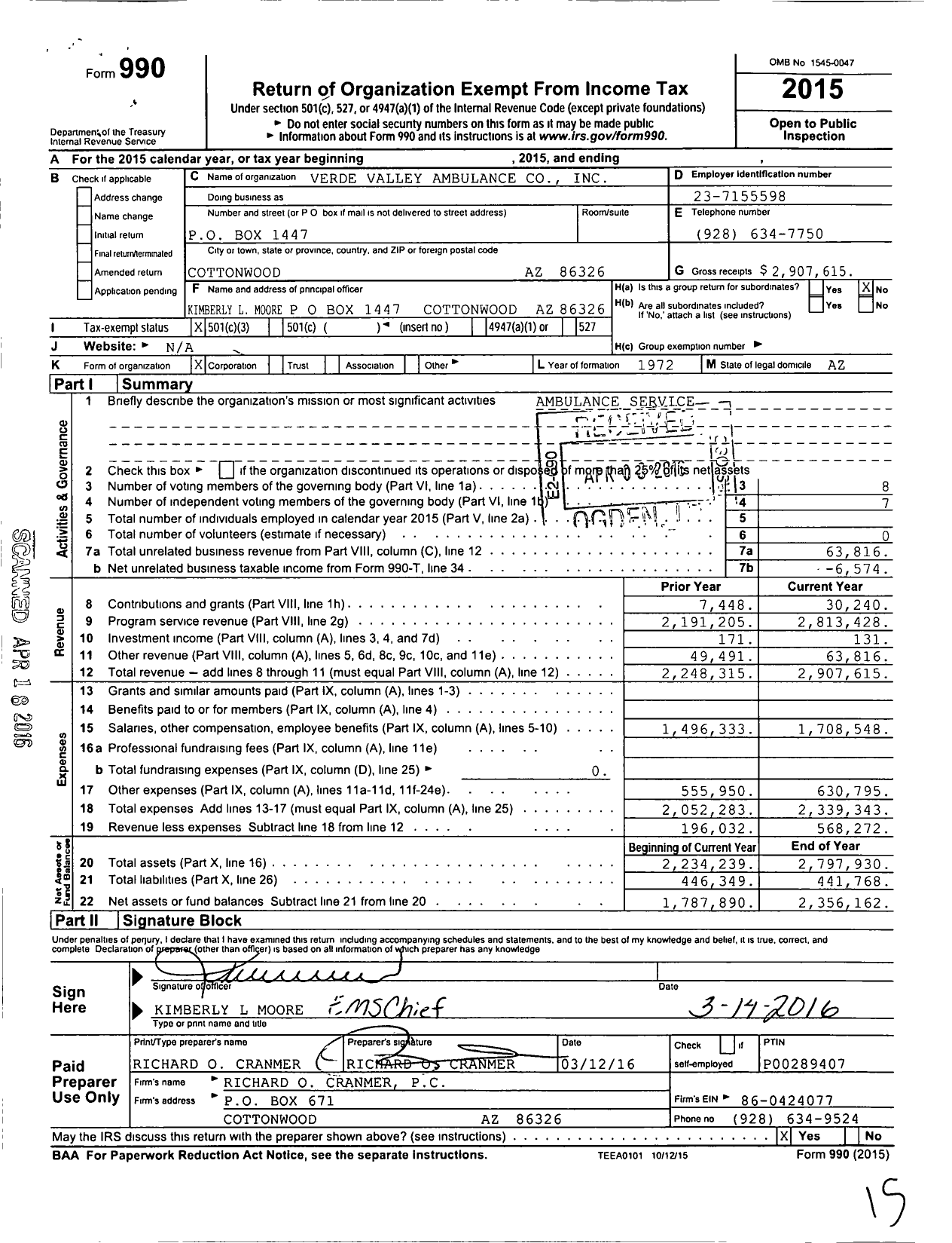Image of first page of 2015 Form 990 for Verde Valley Ambulance