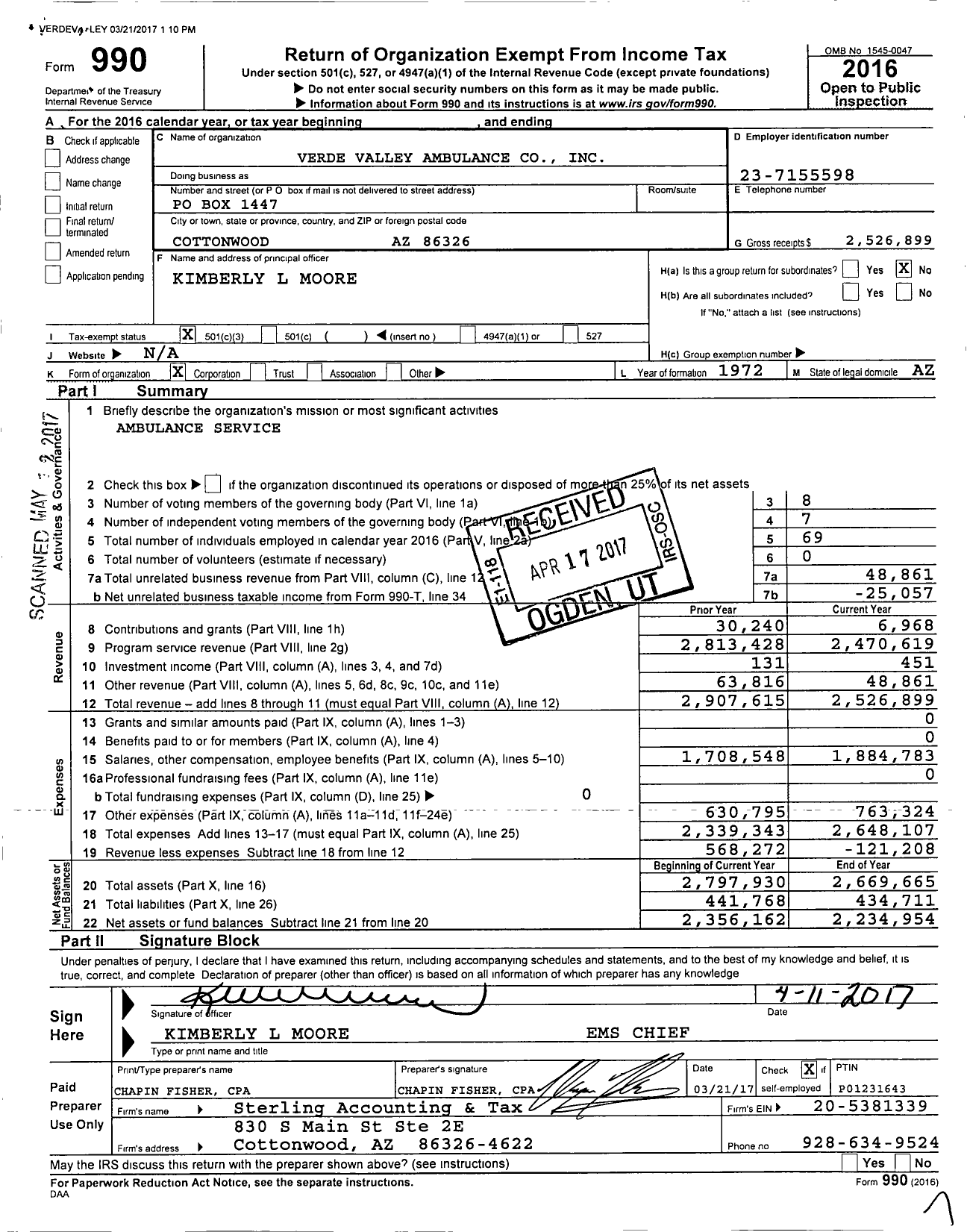Image of first page of 2016 Form 990 for Verde Valley Ambulance