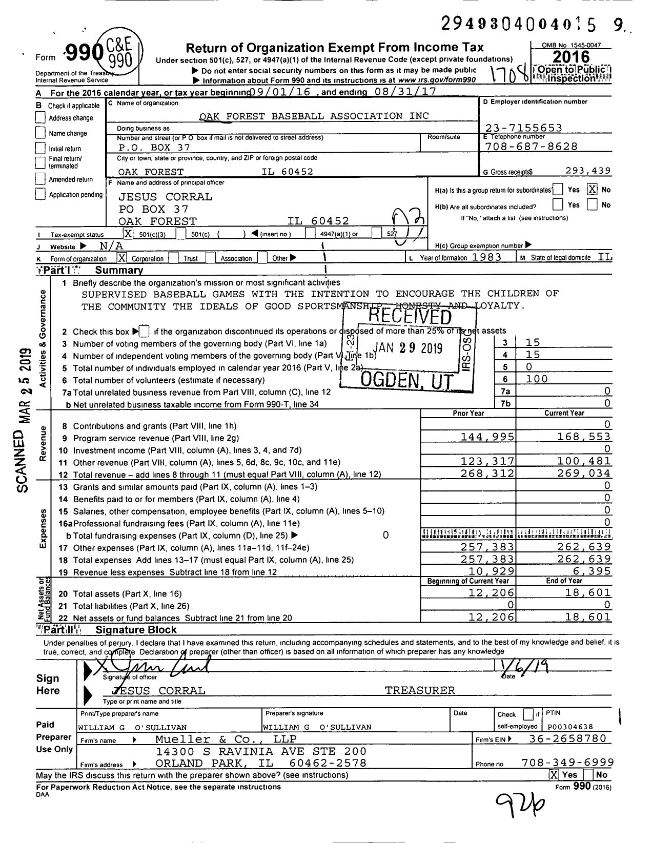 Image of first page of 2016 Form 990 for Oak Forest Baseball Association