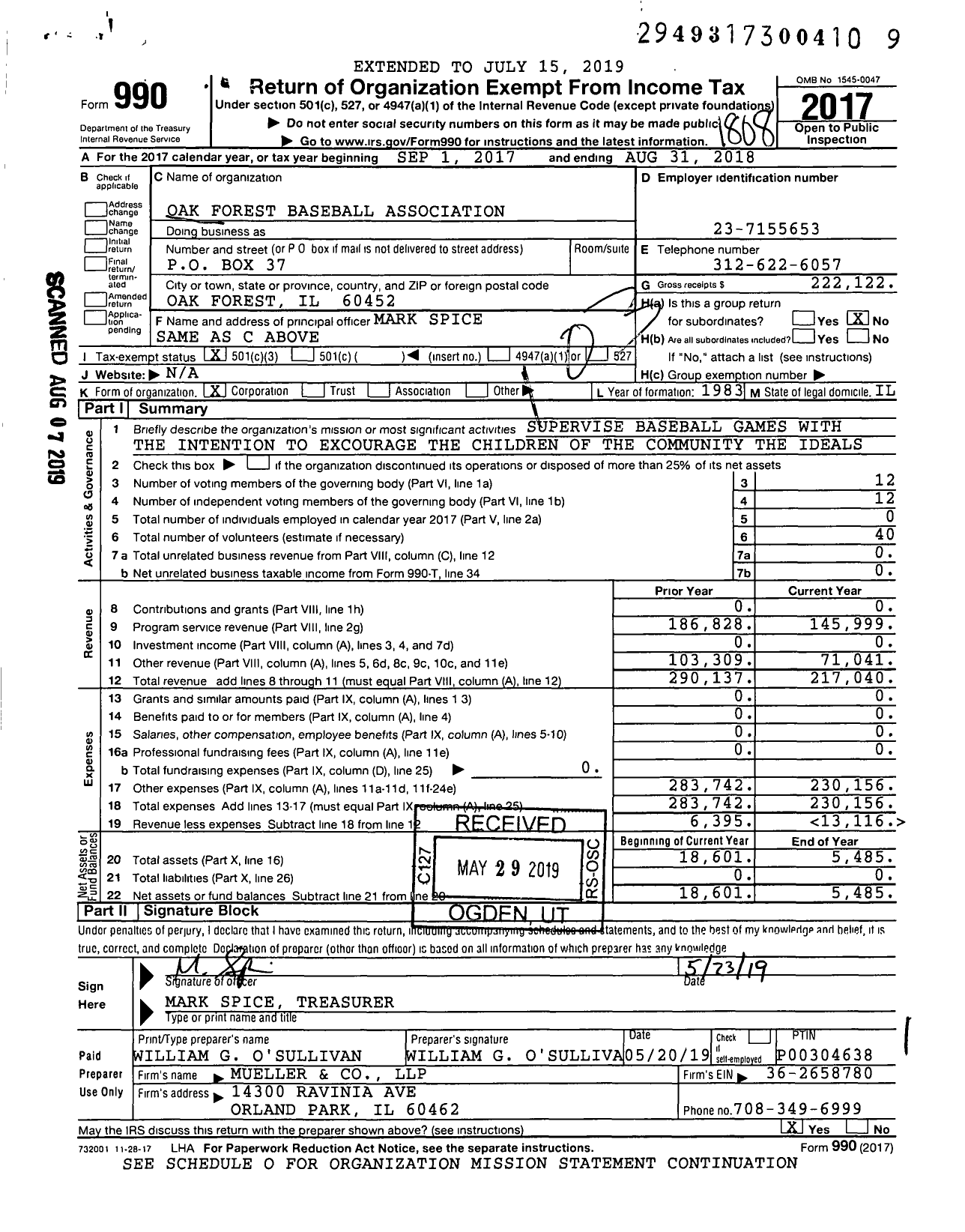 Image of first page of 2017 Form 990 for Oak Forest Baseball Association