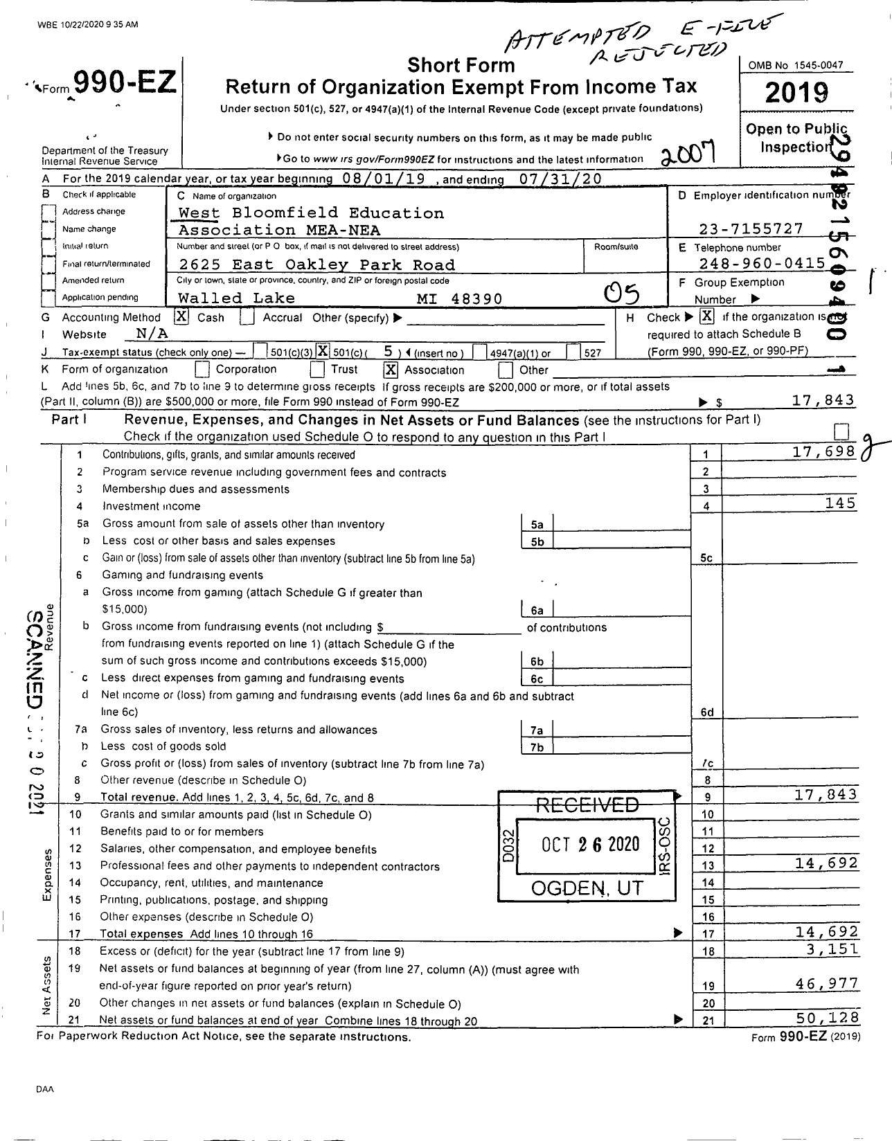 Image of first page of 2019 Form 990EO for West Bloomfield Education Association Mea-Nea