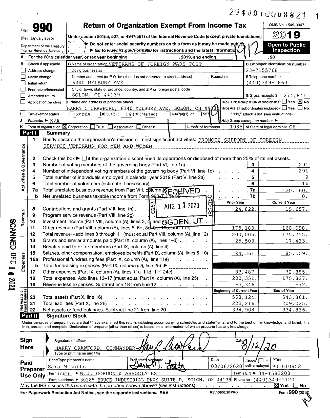 Image of first page of 2019 Form 990O for Ohio VFW - VFW Post 1863