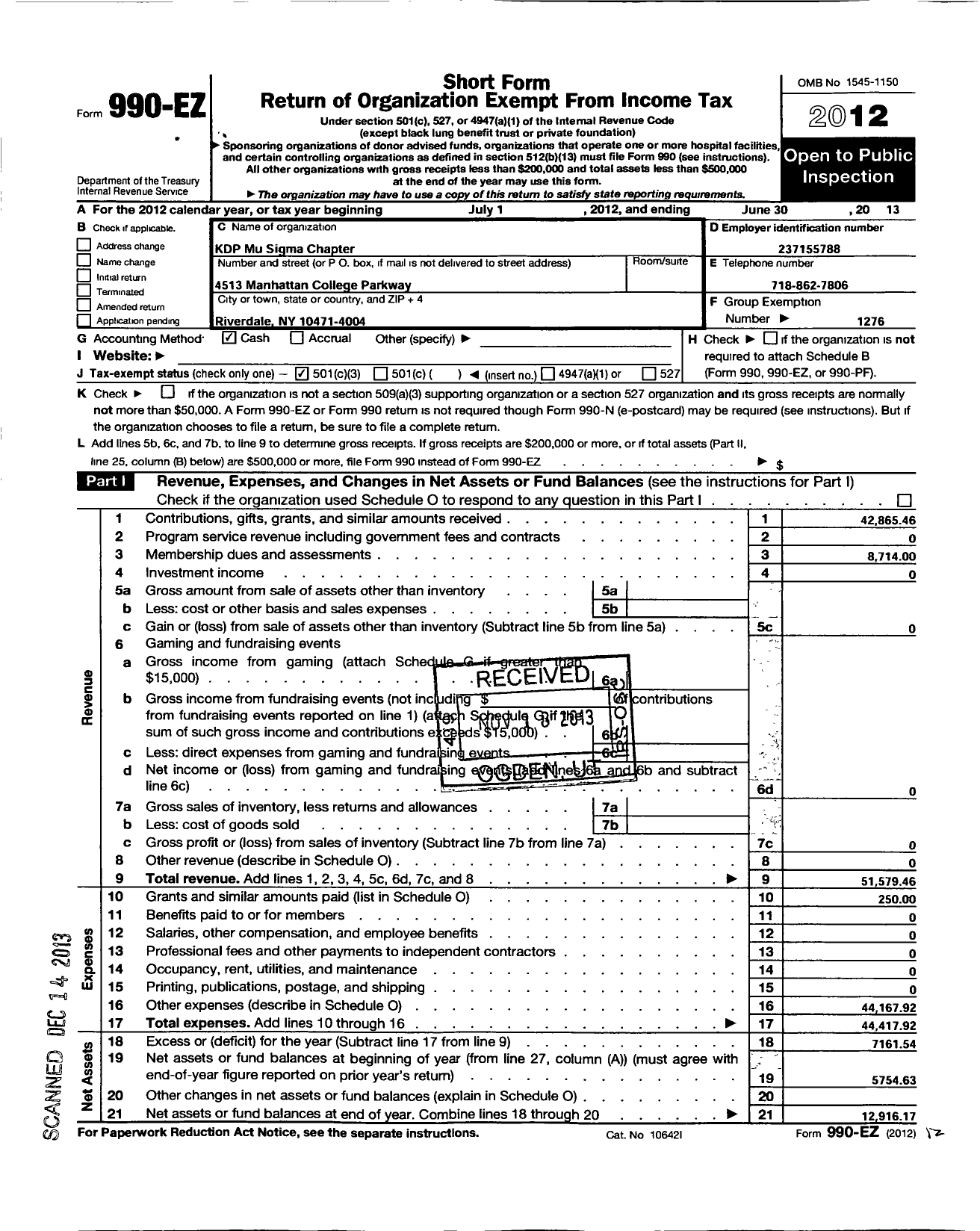 Image of first page of 2012 Form 990EZ for Kappa Delta Pi - 306 Mu Sigma Chapter