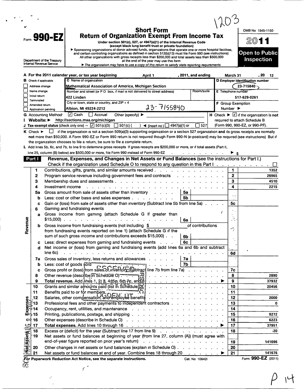 Image of first page of 2011 Form 990EZ for Mathematical Association of America / Michigan Section