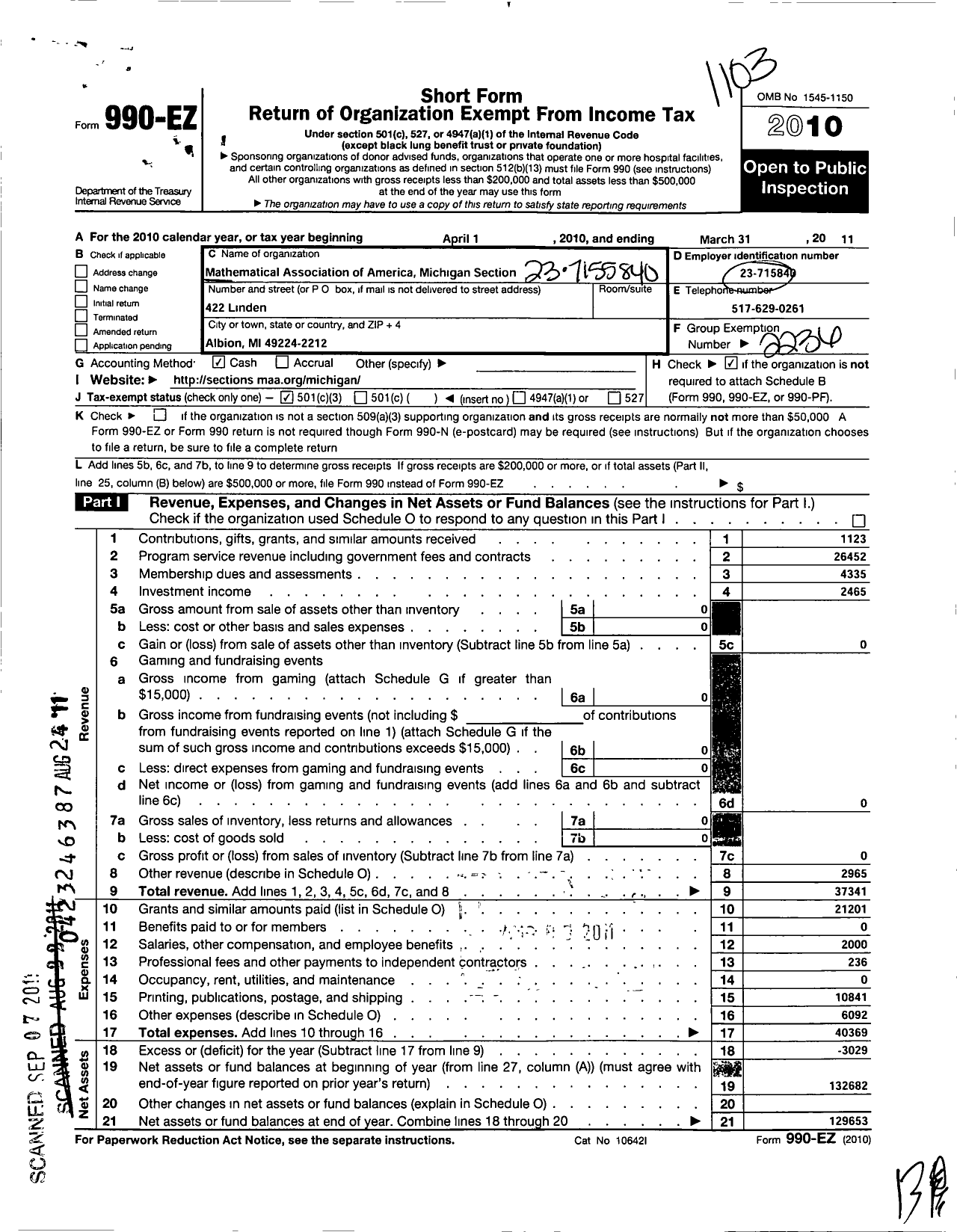 Image of first page of 2010 Form 990EZ for Mathematical Association of America / Michigan Section