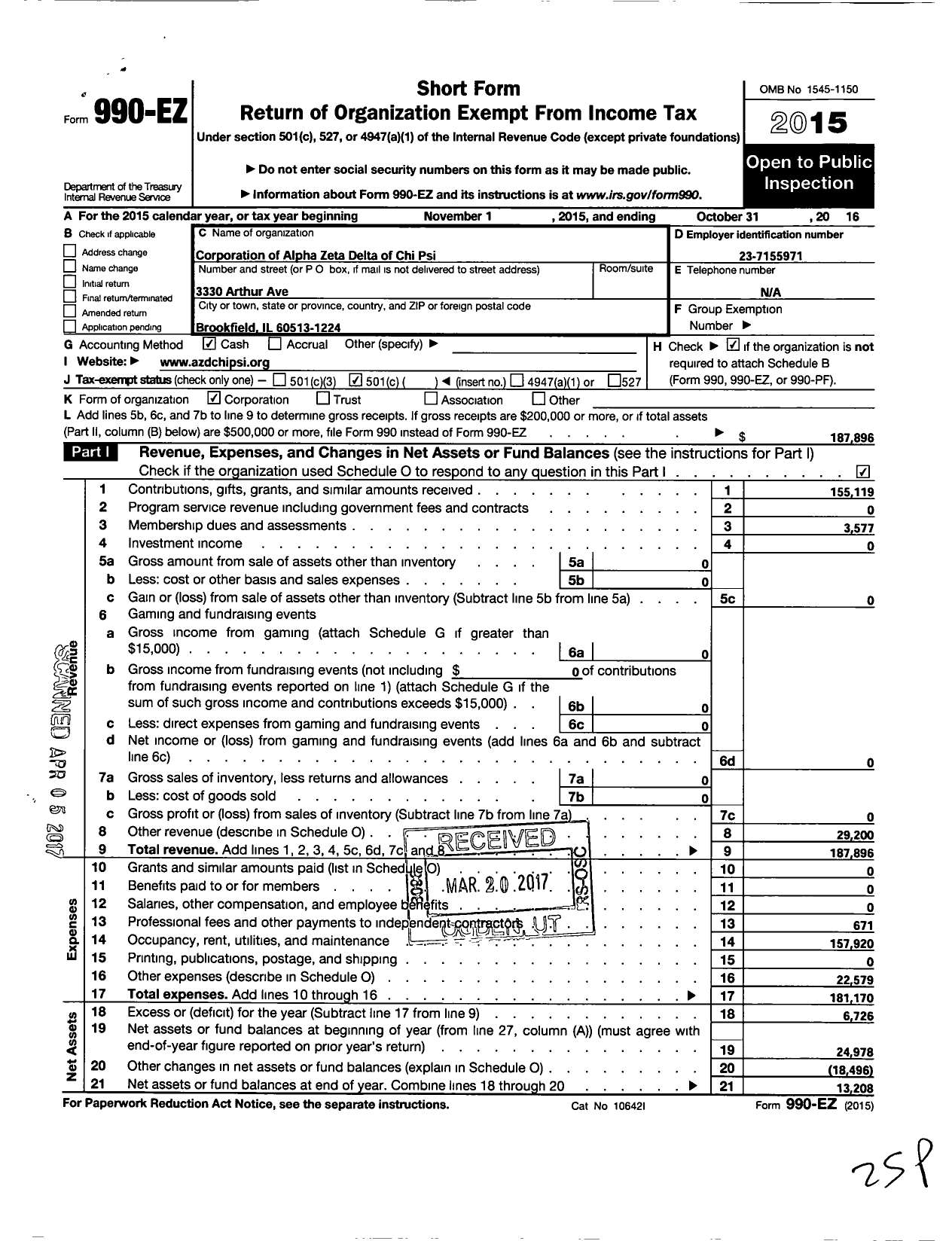 Image of first page of 2015 Form 990EO for Corporation of Alpha Zeta Delta of Chi Psi