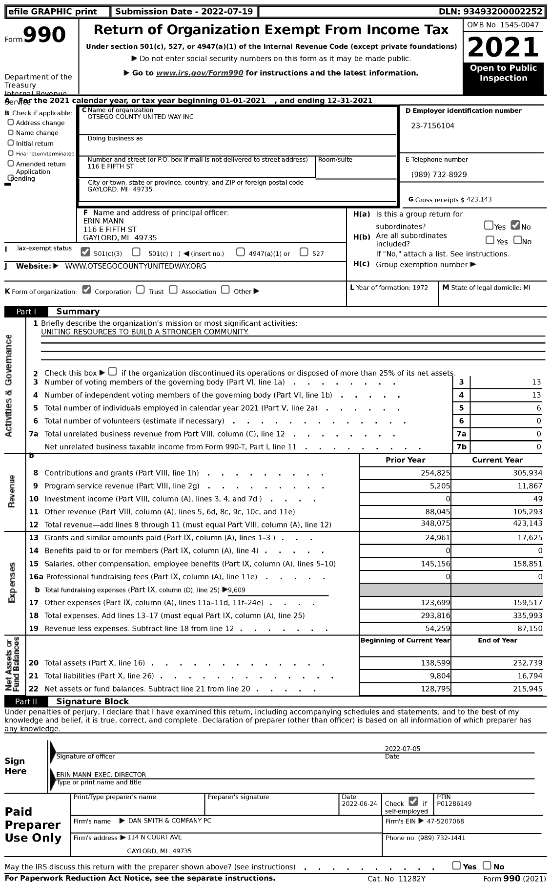 Image of first page of 2021 Form 990 for Otsego County United Way