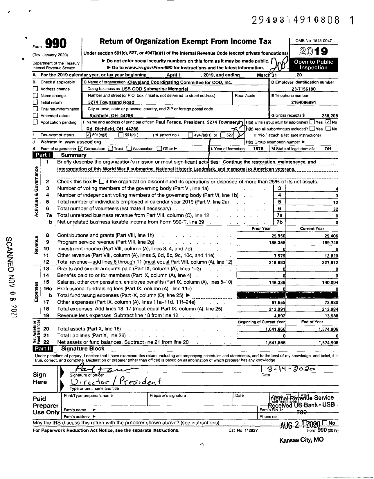 Image of first page of 2019 Form 990 for Cleveland Coordinating Committee For COD Inc USS COD Submarine Memorial