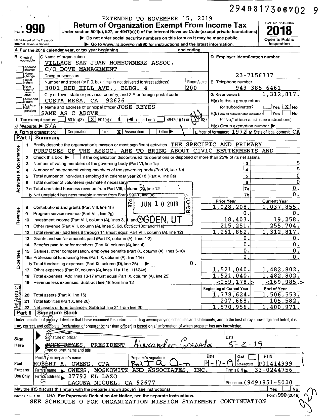 Image of first page of 2018 Form 990O for Village San Juan Homeowners Association