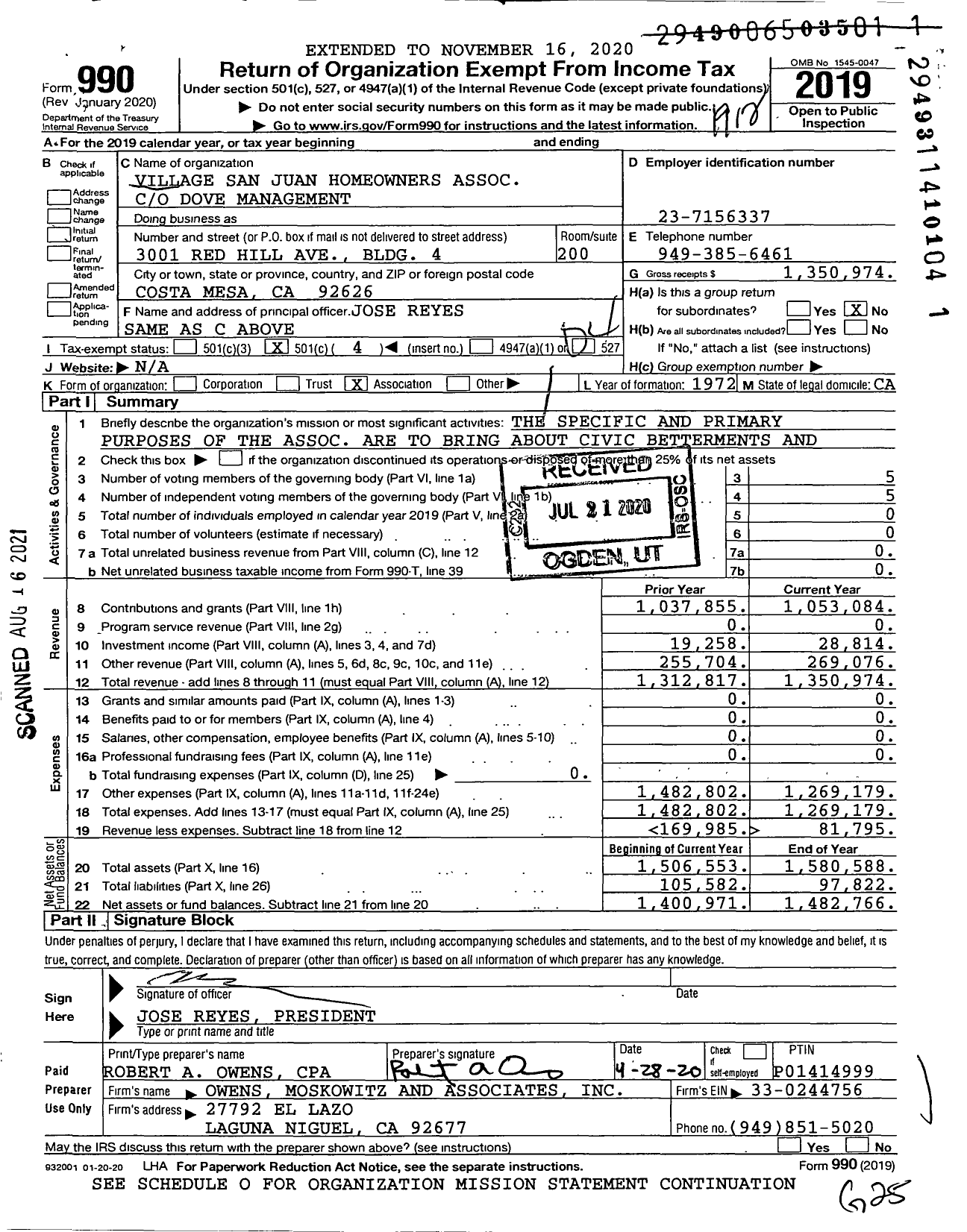 Image of first page of 2019 Form 990O for Village San Juan Homeowners Association