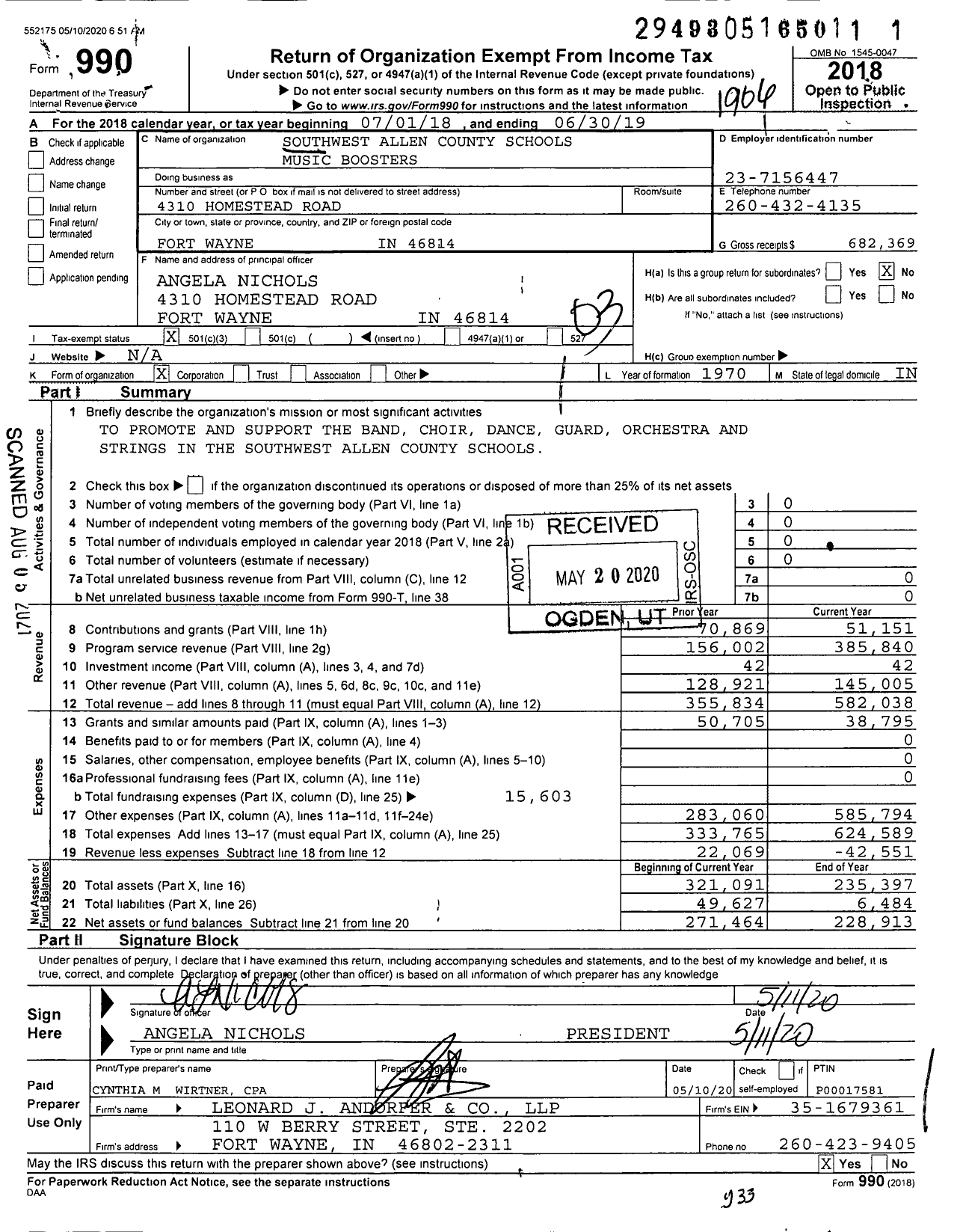 Image of first page of 2018 Form 990 for Southwest Allen County Schools Music Boosters