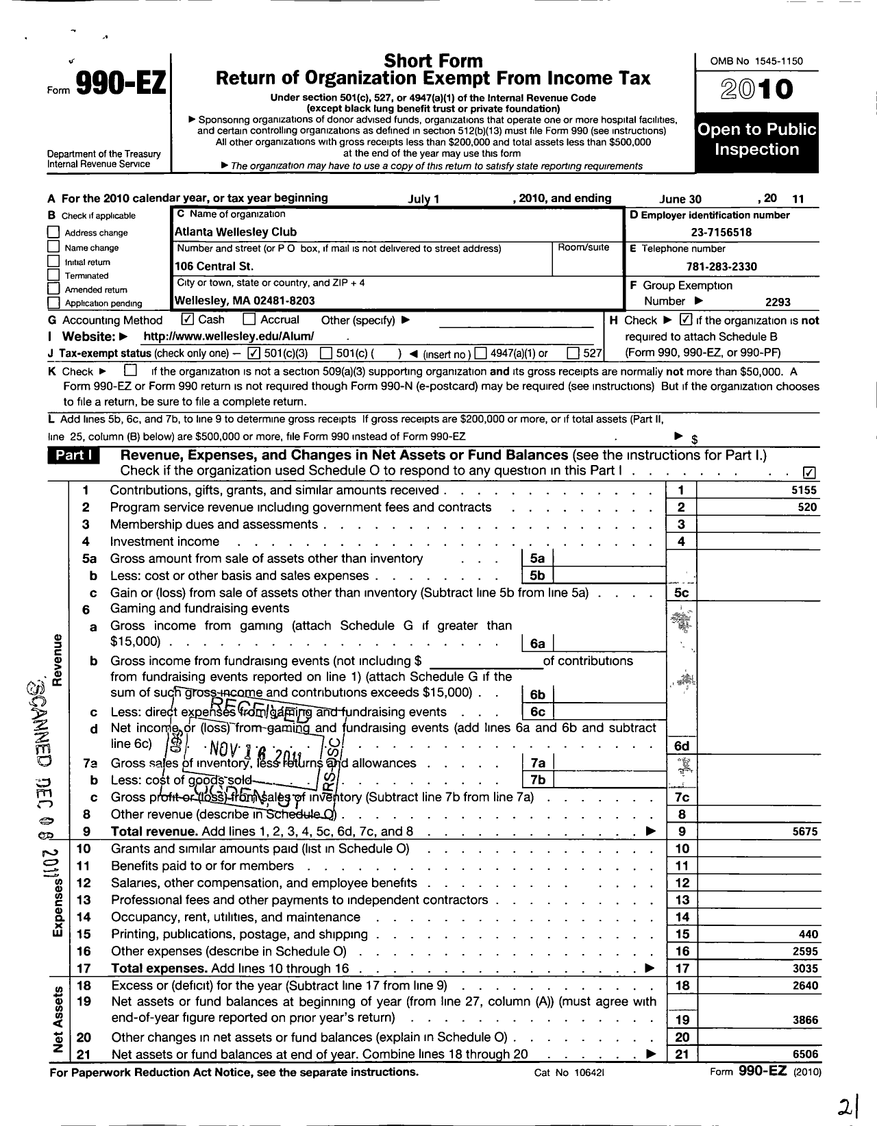 Image of first page of 2010 Form 990EZ for Wellesley College Alumnae Association / Atlanta Wellesley Club