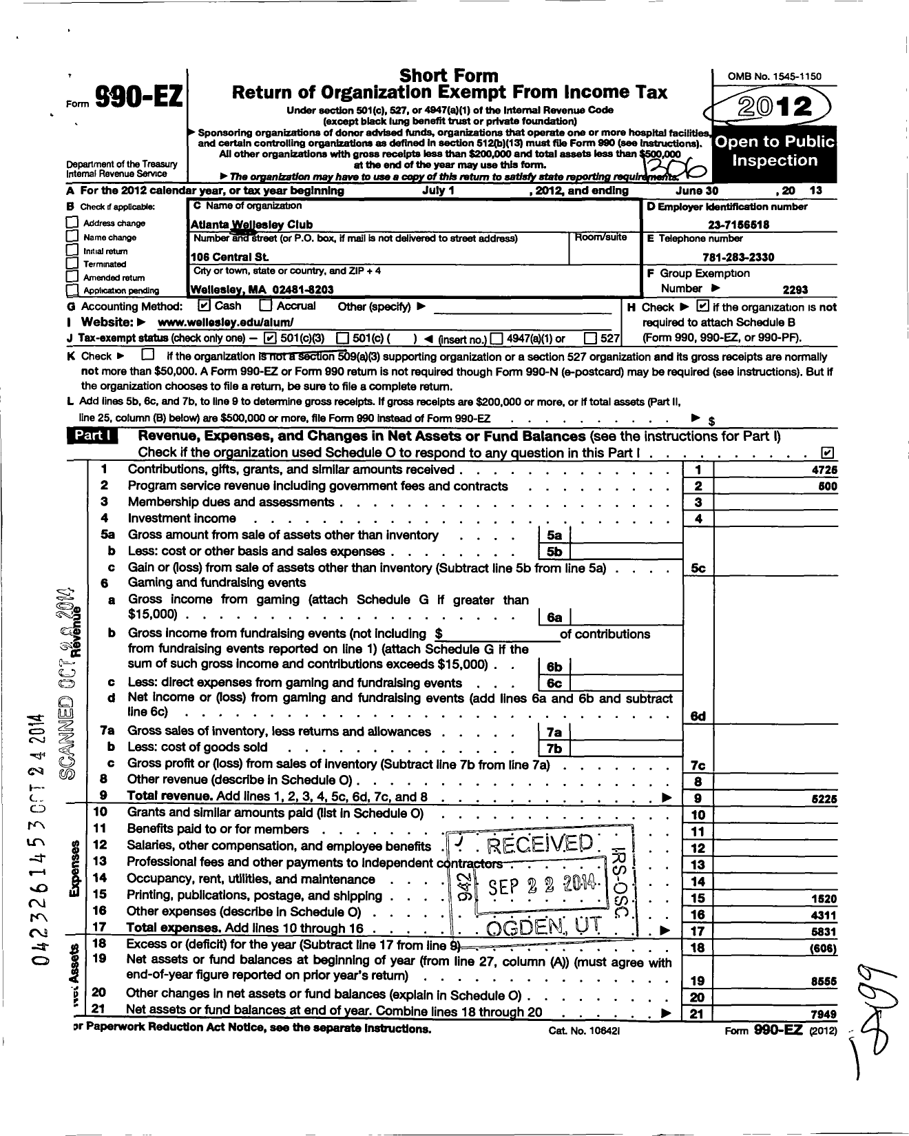 Image of first page of 2012 Form 990EZ for Wellesley College Alumnae Association / Atlanta Wellesley Club