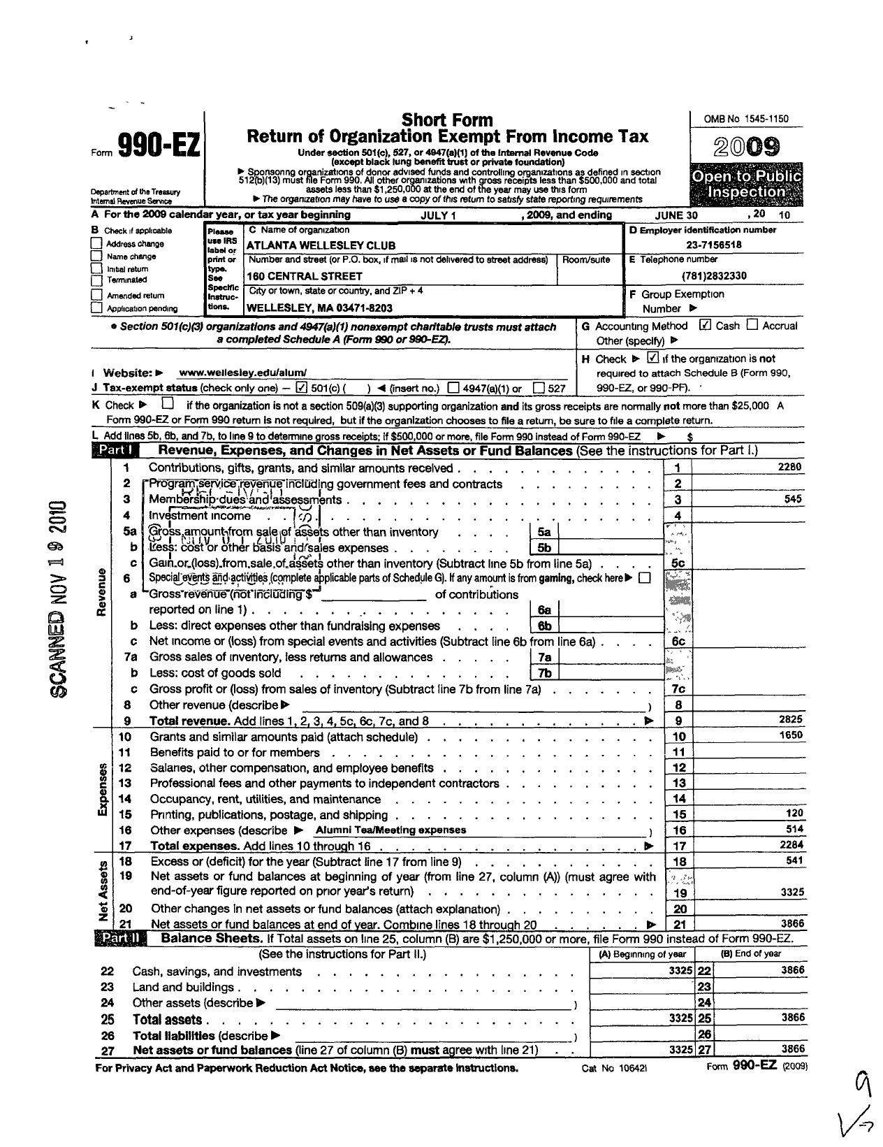 Image of first page of 2009 Form 990EO for Wellesley College Alumnae Association / Atlanta Wellesley Club