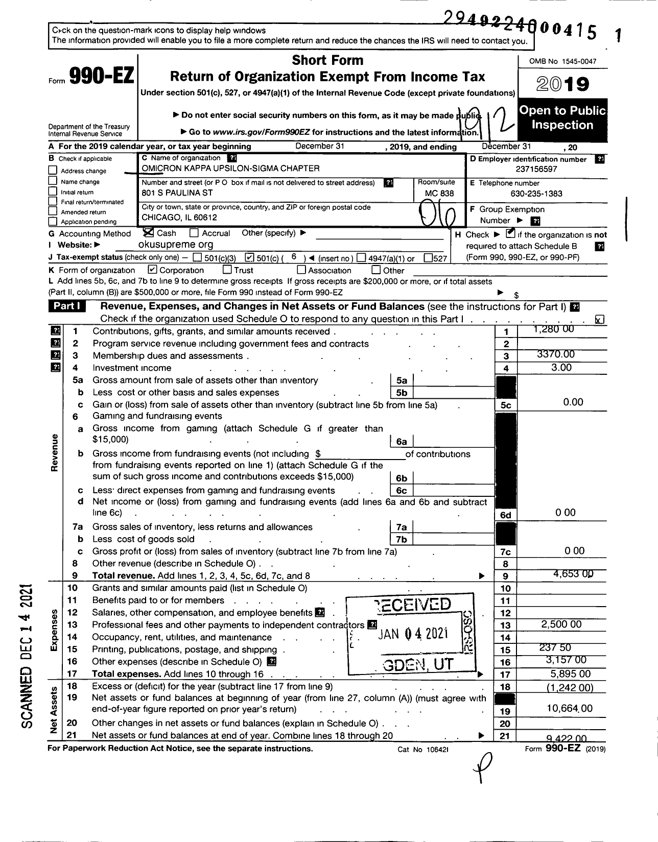 Image of first page of 2019 Form 990EO for Omicron Kappa Upsilon Sigma Chapter