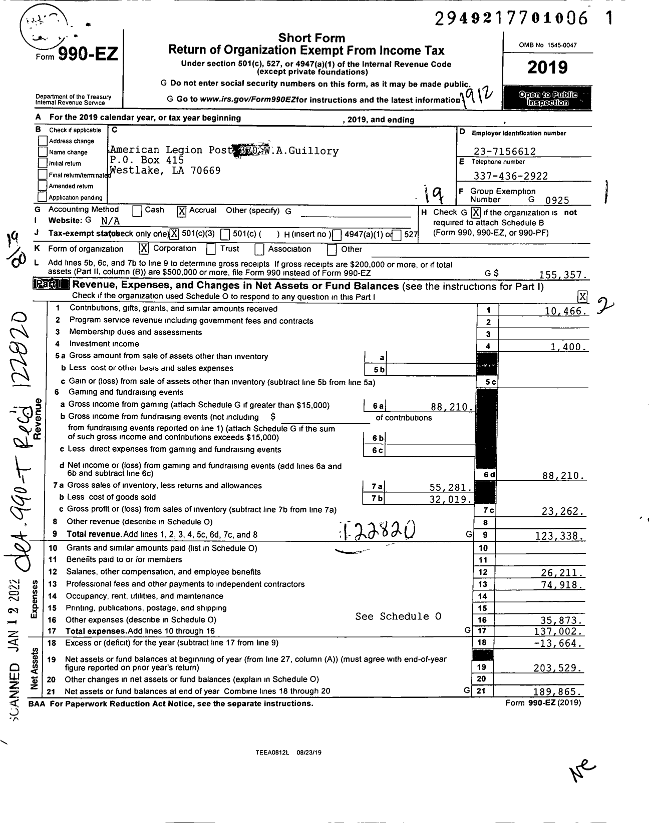 Image of first page of 2019 Form 990EO for American Legion - 370 William A Guillory Post