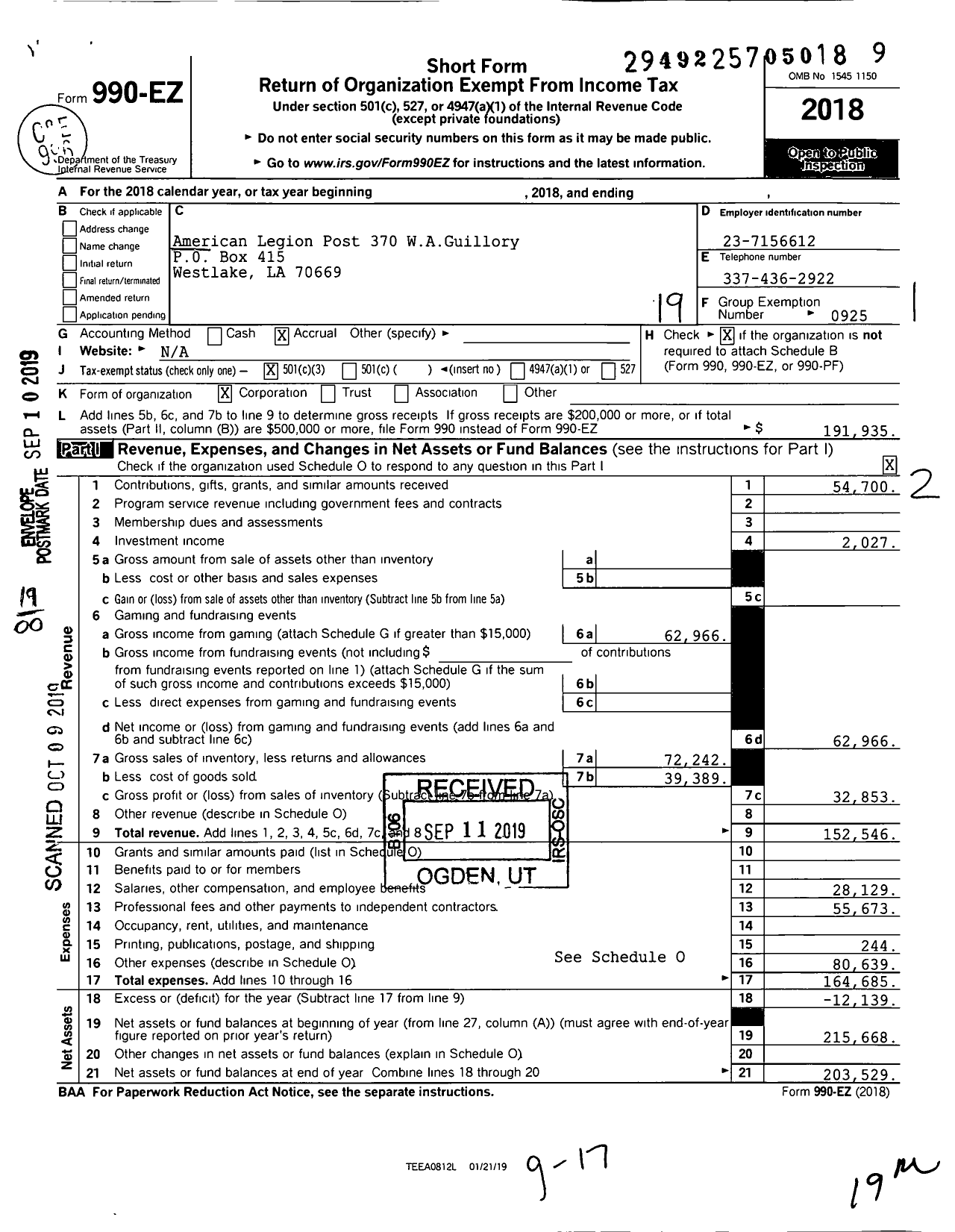 Image of first page of 2018 Form 990EO for American Legion - 370 William A Guillory Post