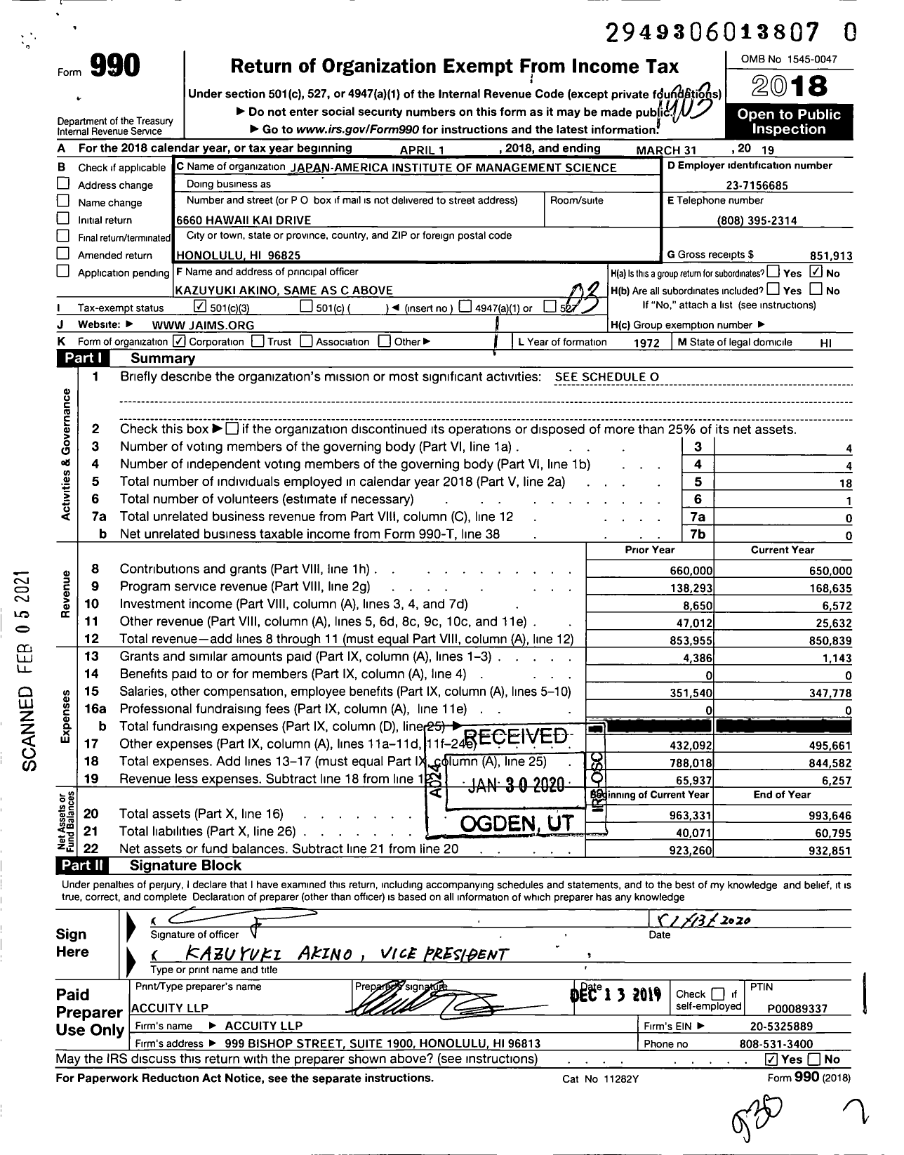 Image of first page of 2018 Form 990 for Japan-America Institute of Management Science