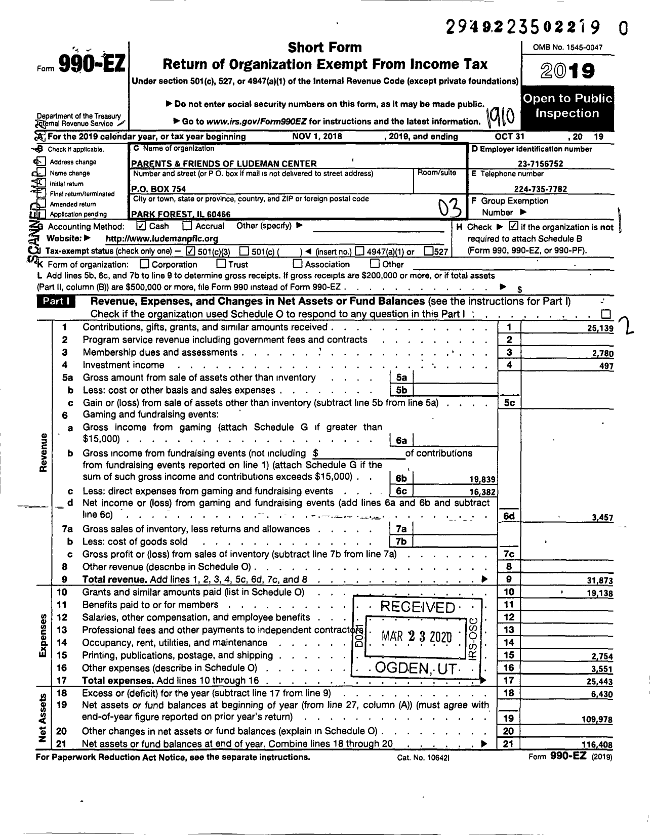 Image of first page of 2018 Form 990EZ for Parents and Friends of Ludeman Center