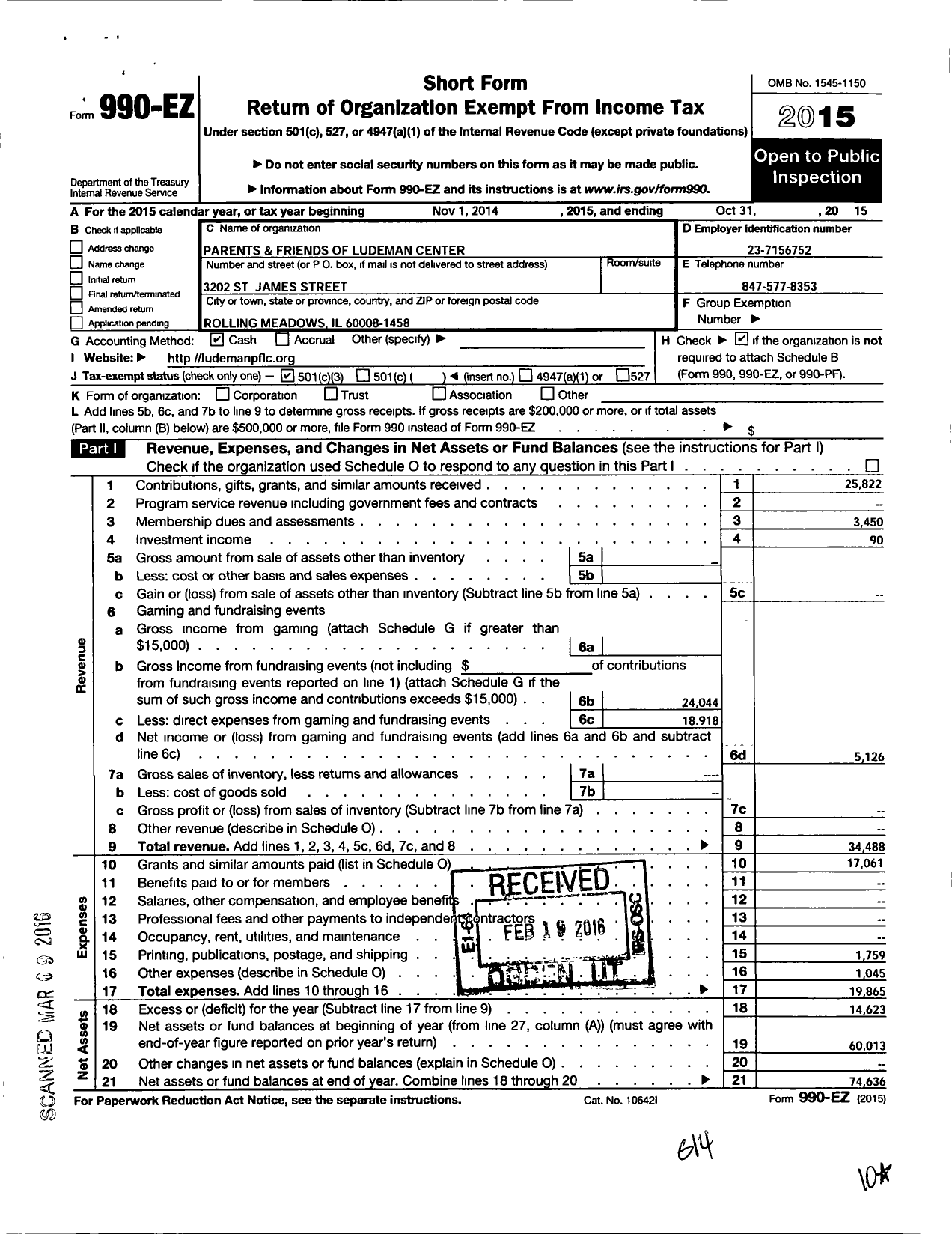 Image of first page of 2014 Form 990EZ for Parents and Friends of Ludeman Center