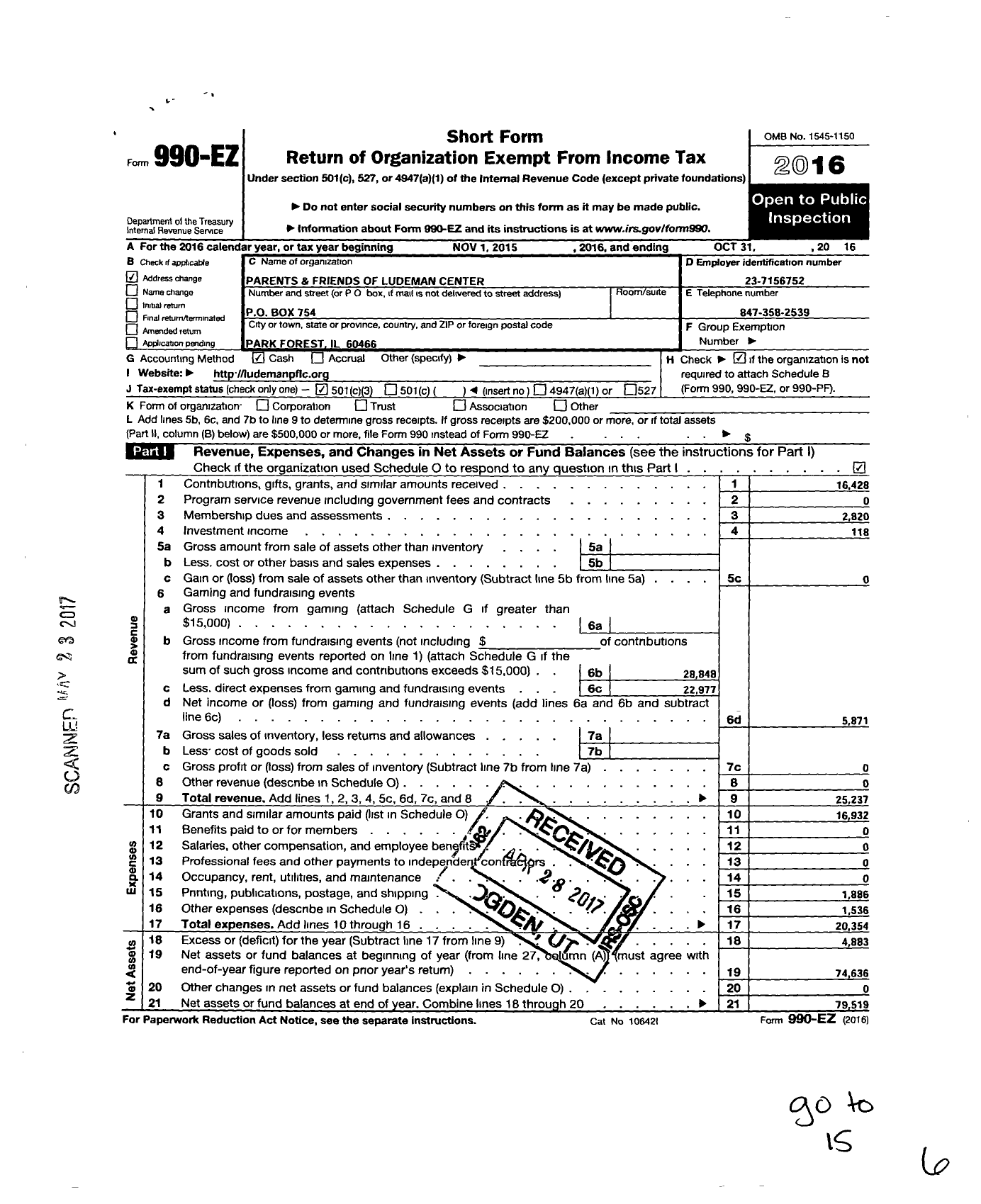 Image of first page of 2015 Form 990EZ for Parents and Friends of Ludeman Center