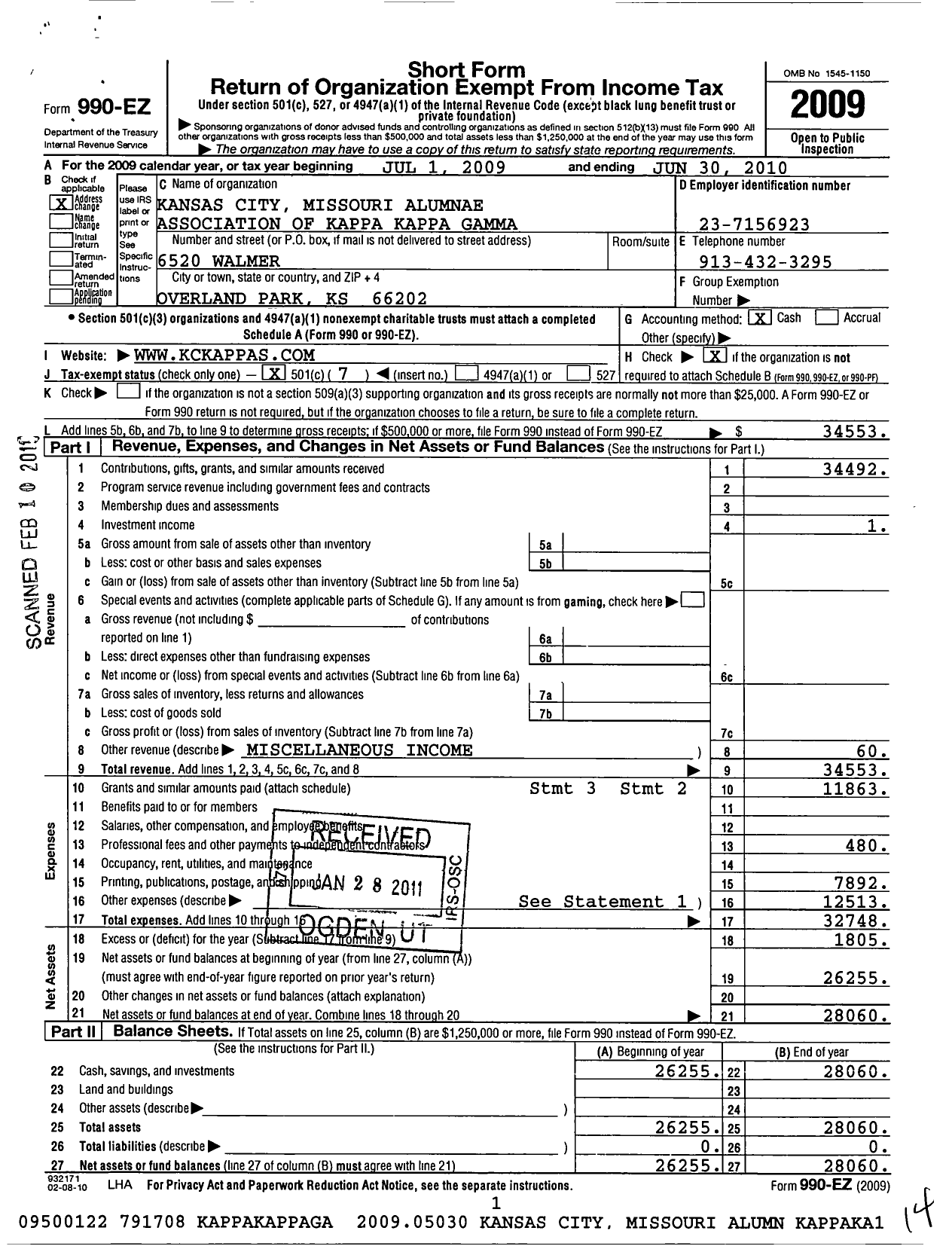 Image of first page of 2009 Form 990EO for Kappa Kappa Gamma Fraternity / Kansas City Alumnae Association