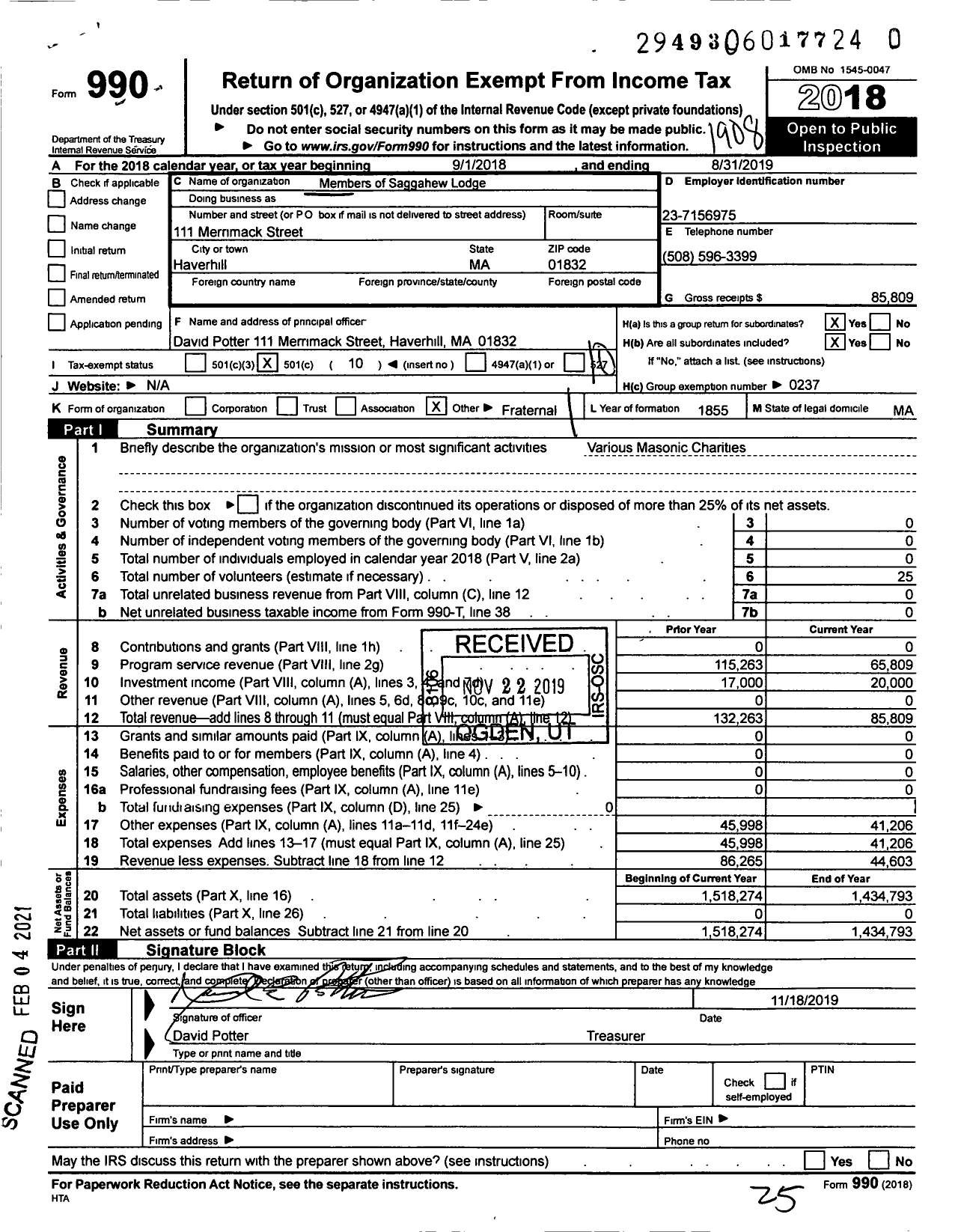 Image of first page of 2018 Form 990O for Massachusetts Freemasons - Saggahew Lodge