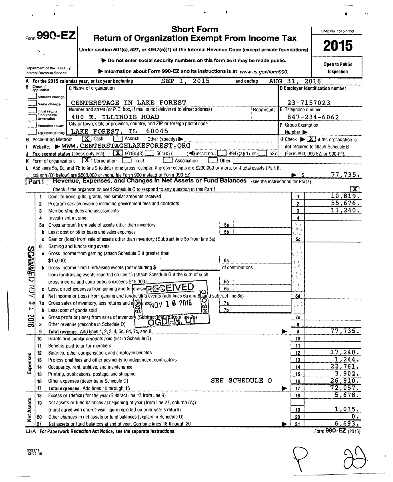 Image of first page of 2015 Form 990EZ for Centerstage in Lake Forest