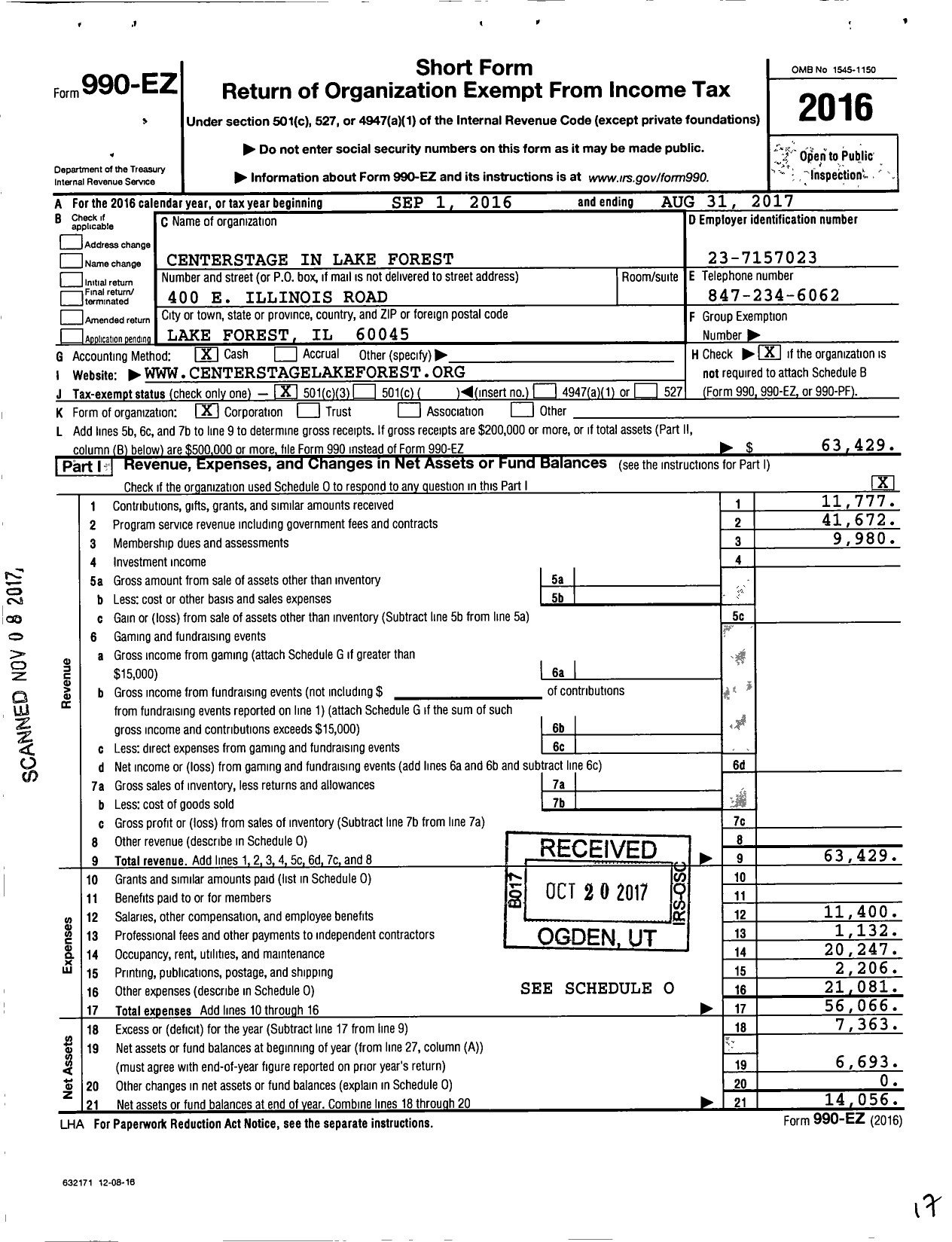 Image of first page of 2016 Form 990EZ for Centerstage in Lake Forest