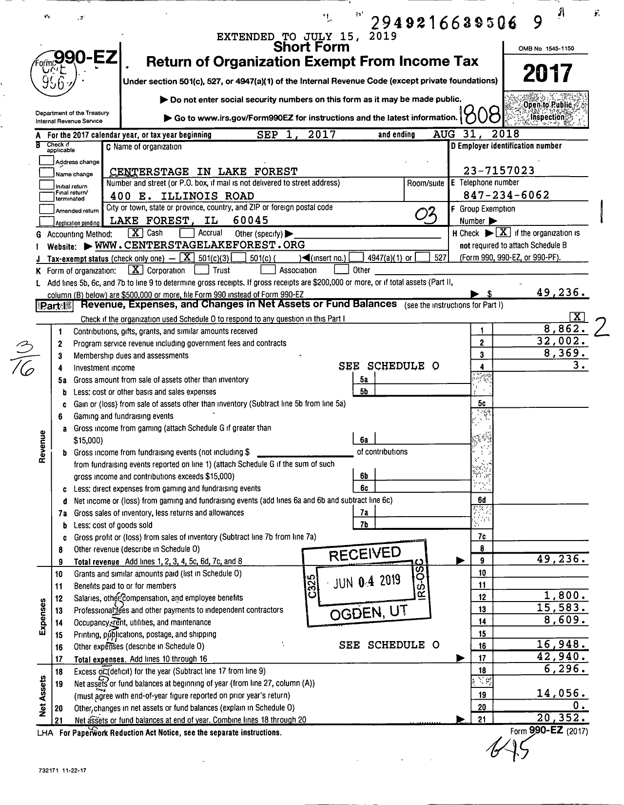 Image of first page of 2017 Form 990EZ for Centerstage in Lake Forest