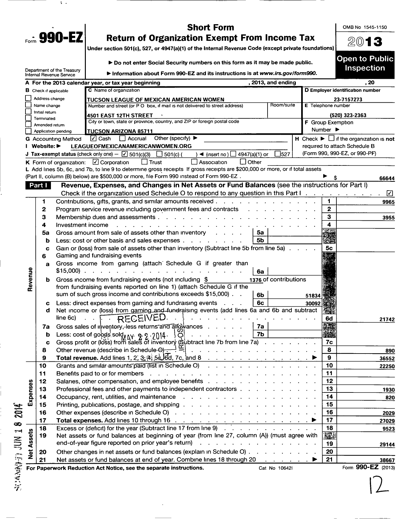 Image of first page of 2013 Form 990EZ for Tucson League of Mexican-American Women