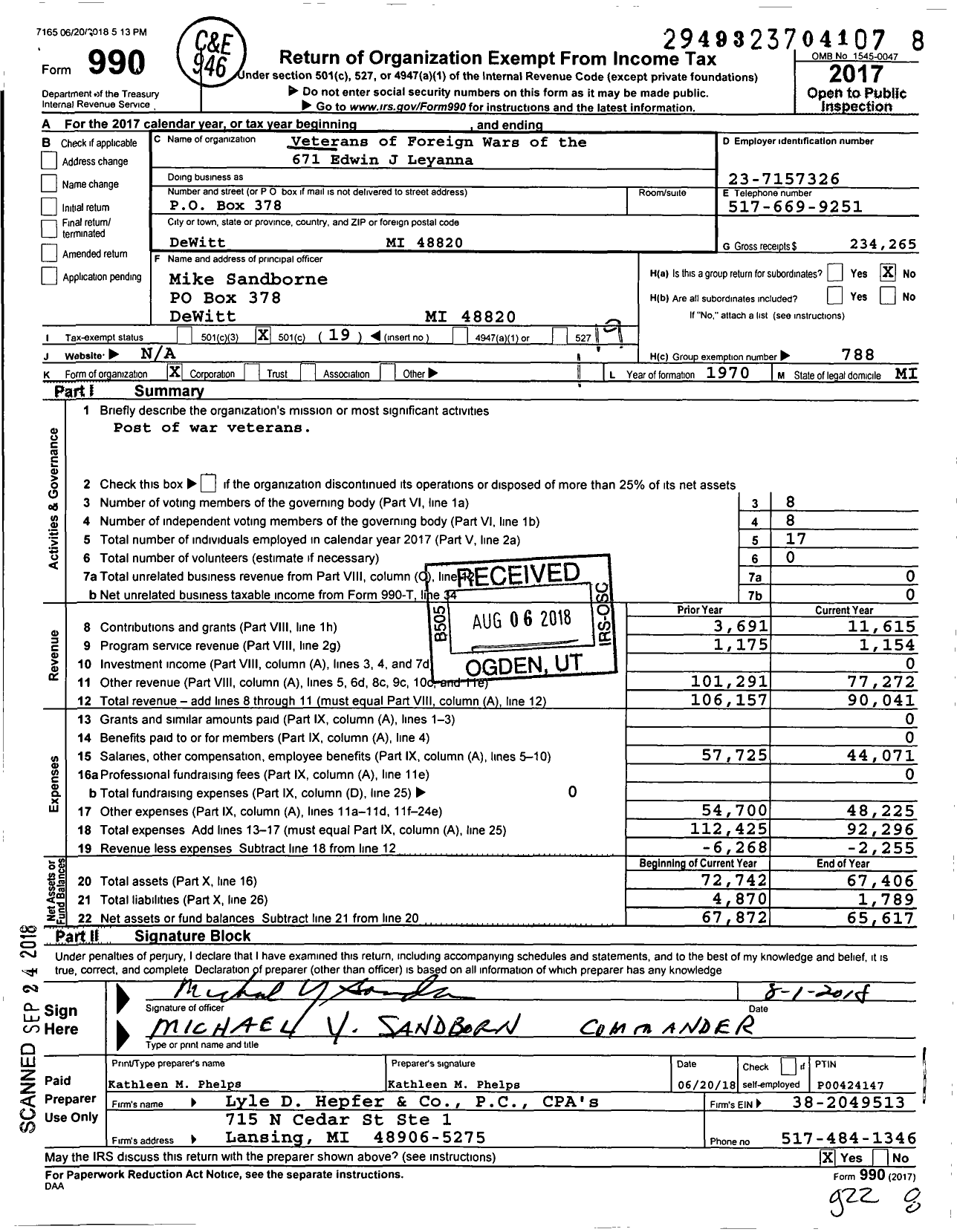Image of first page of 2017 Form 990O for VFW Department of Michigan - Dist 9 671 Edwin J Leyanna