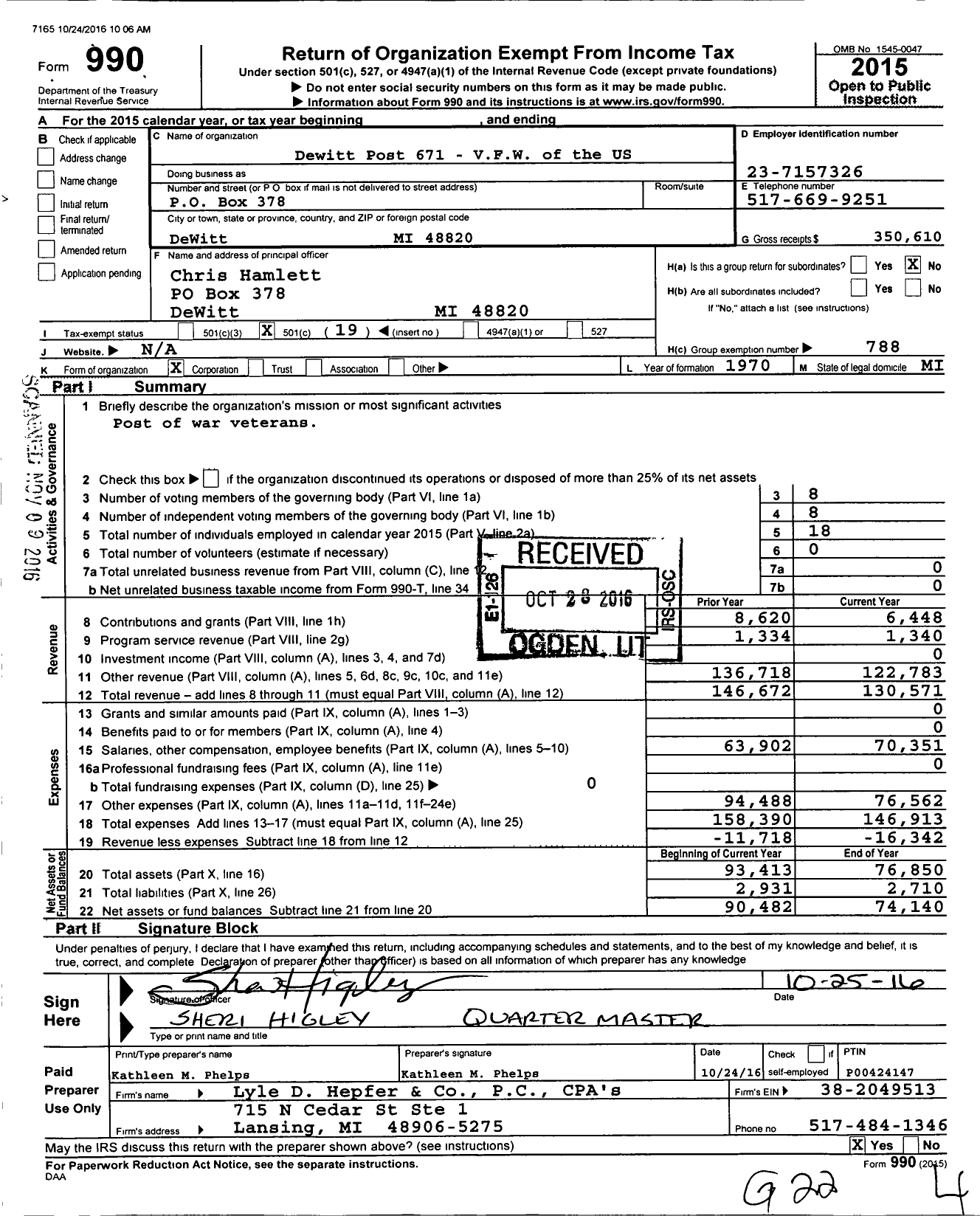 Image of first page of 2015 Form 990O for VFW Department of Michigan - Dist 9 671 Edwin J Leyanna