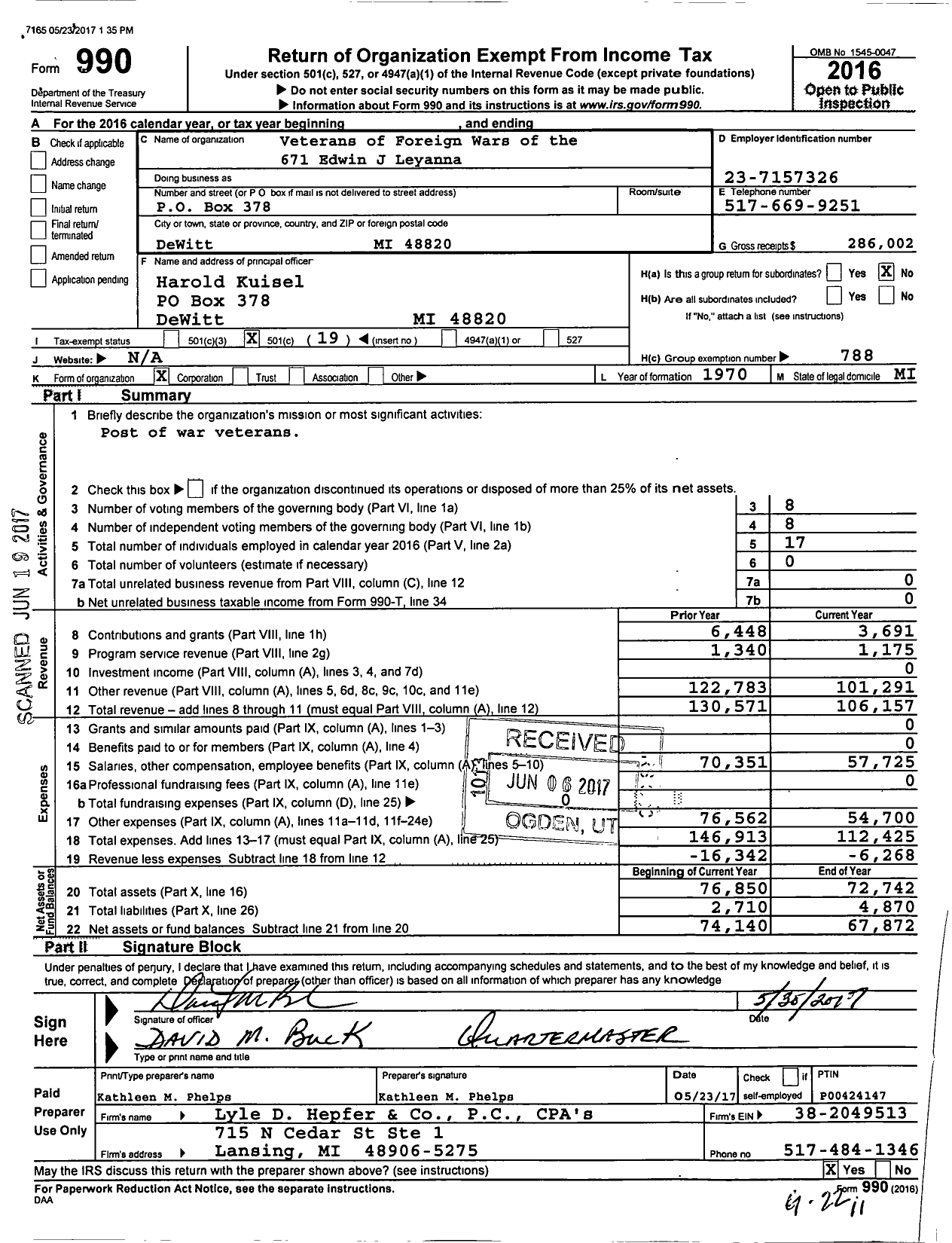 Image of first page of 2016 Form 990O for VFW Department of Michigan - Dist 9 671 Edwin J Leyanna