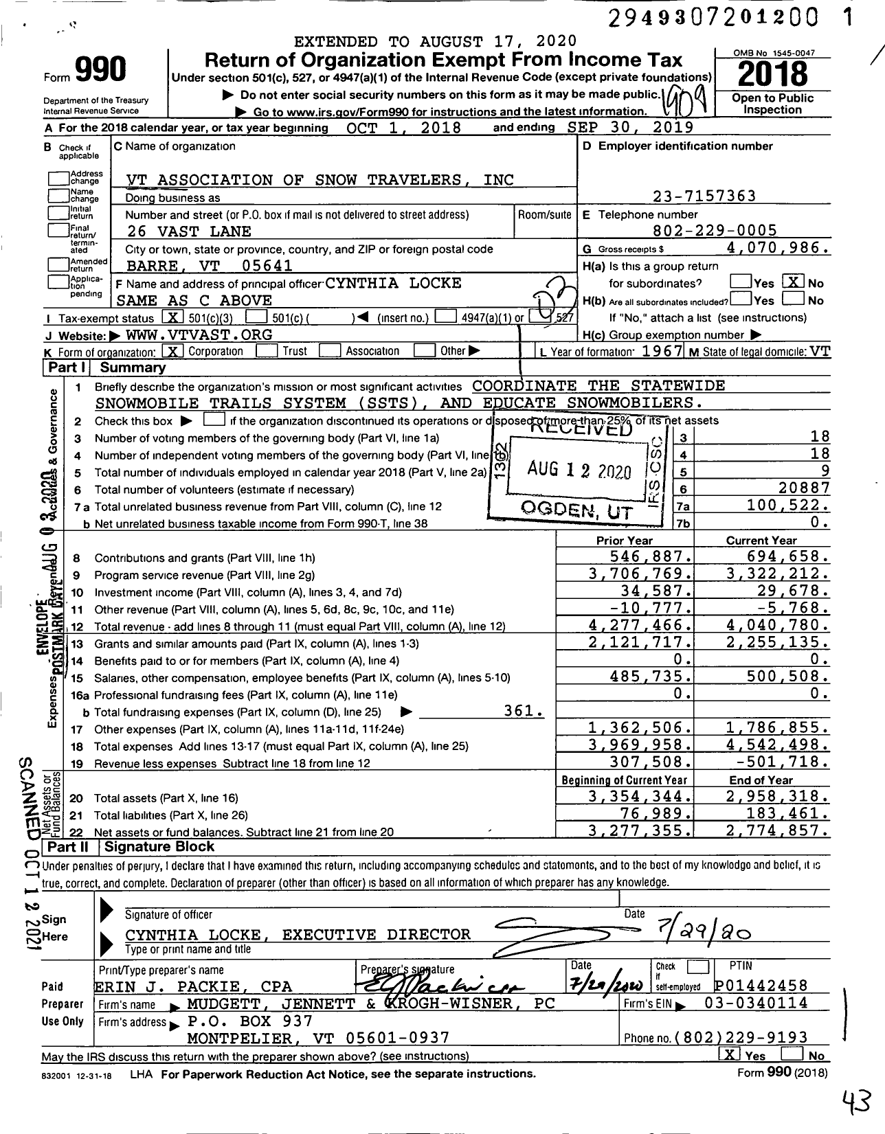 Image of first page of 2018 Form 990 for VT Association of Snow Travelers