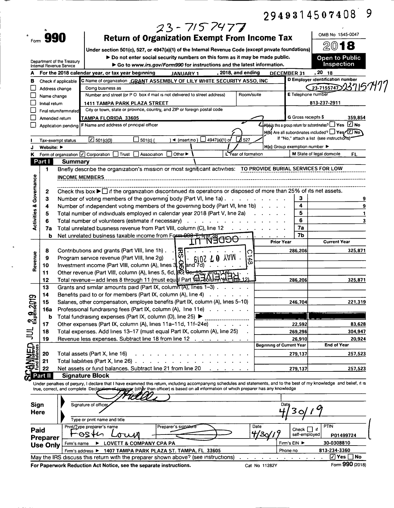 Image of first page of 2018 Form 990 for The Lily White Security Benefit Associationinc